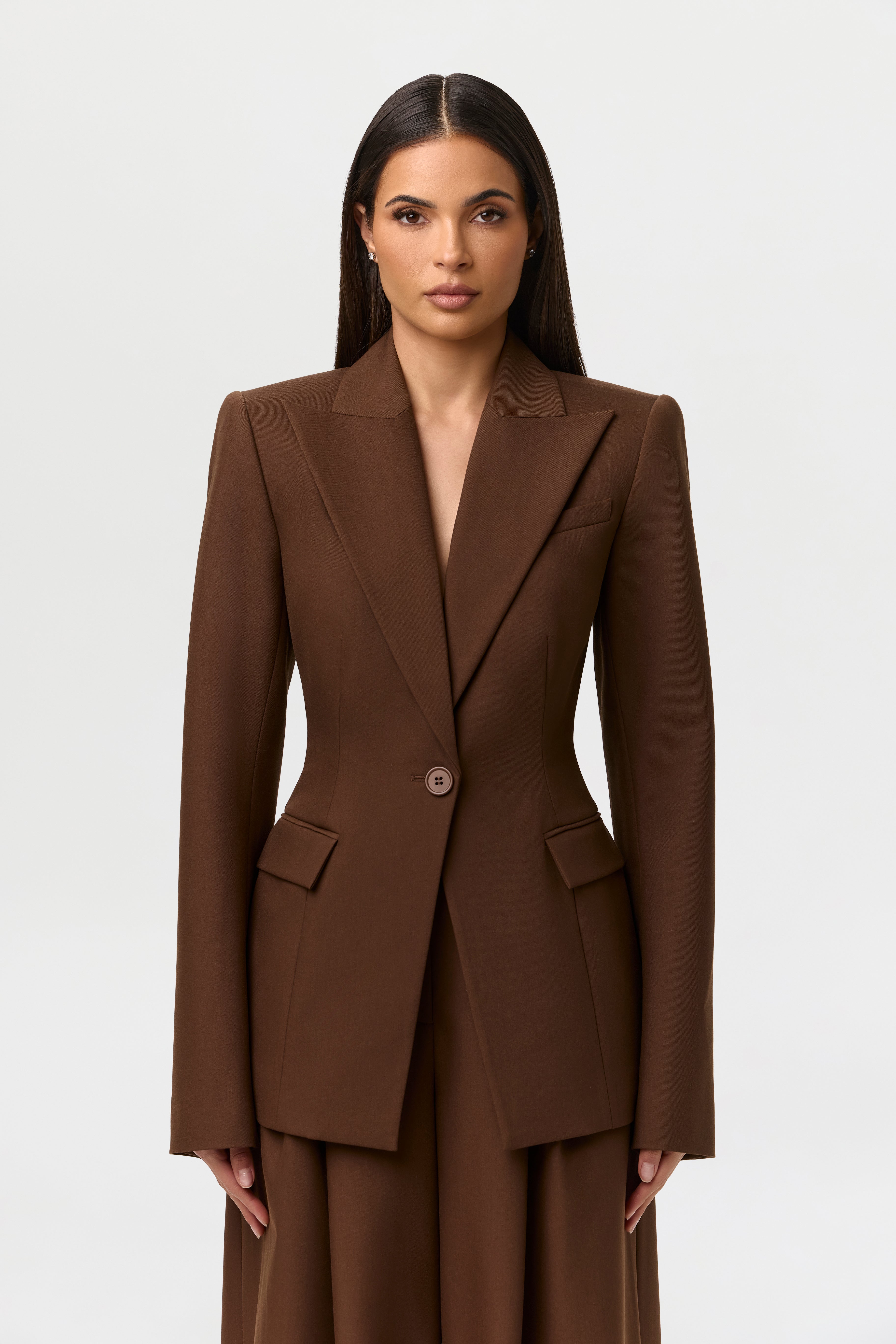 Power Shoulder Fitted Suit Blazer