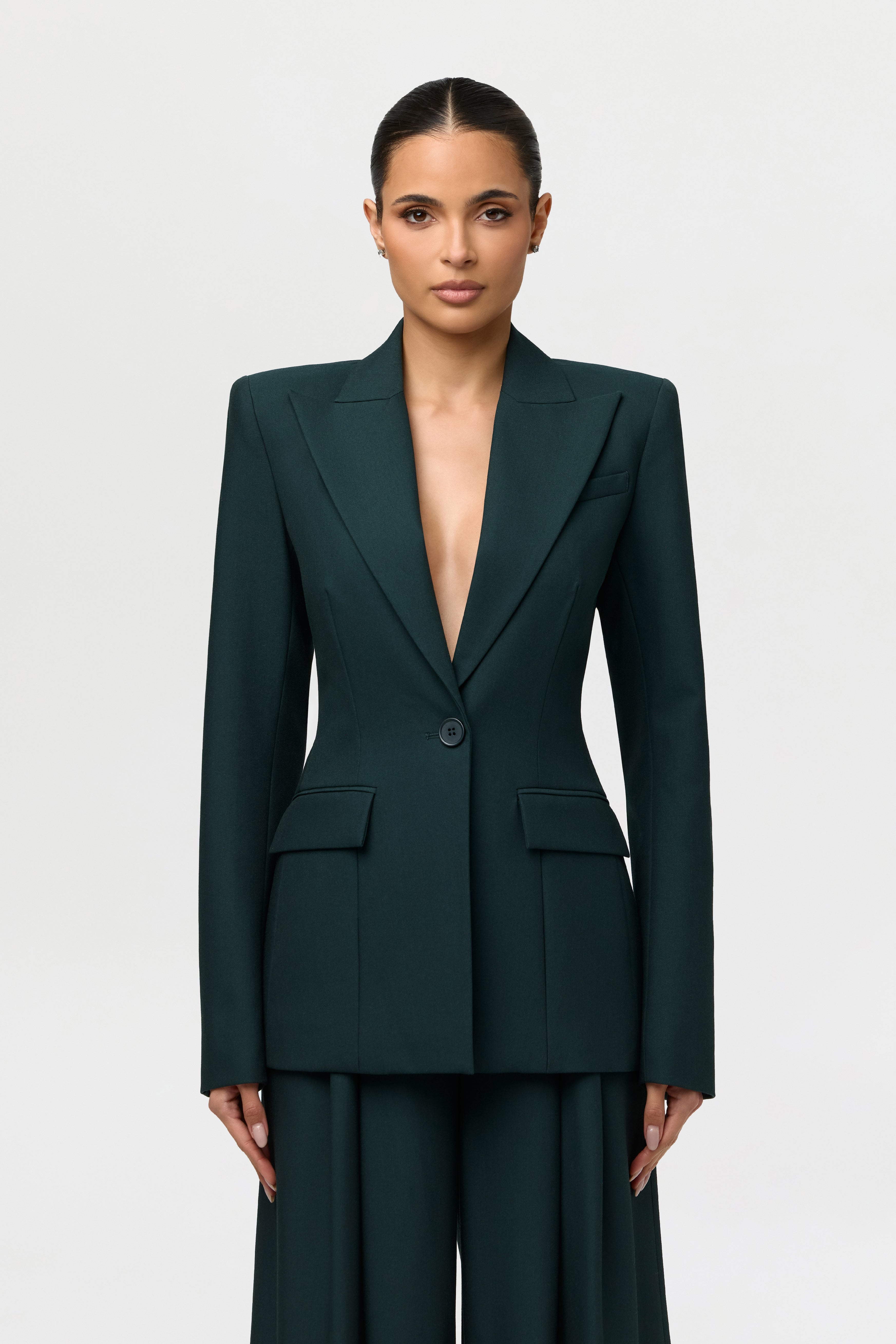 Power Shoulder Fitted Suit Blazer