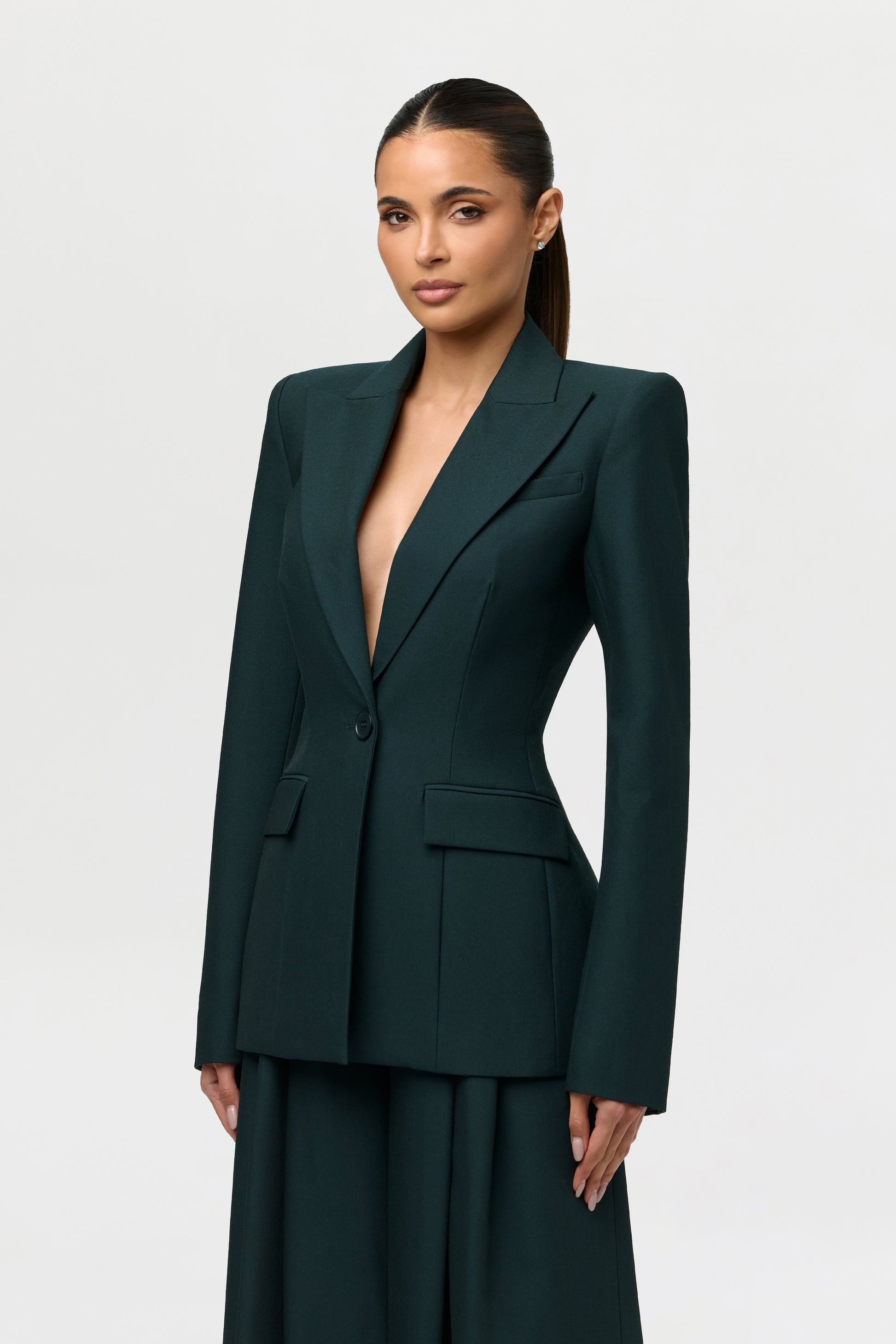 Power Shoulder Fitted Suit Blazer