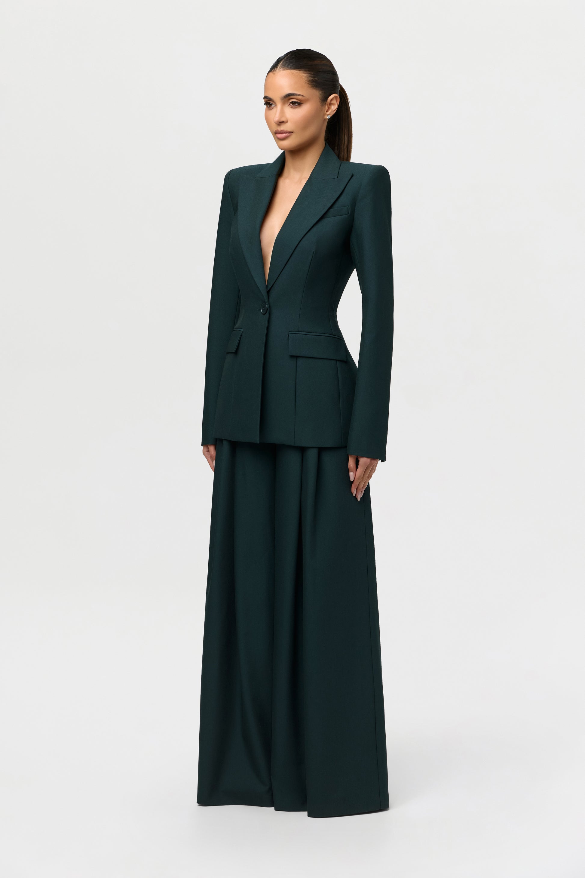 Power Shoulder Fitted Suit Blazer