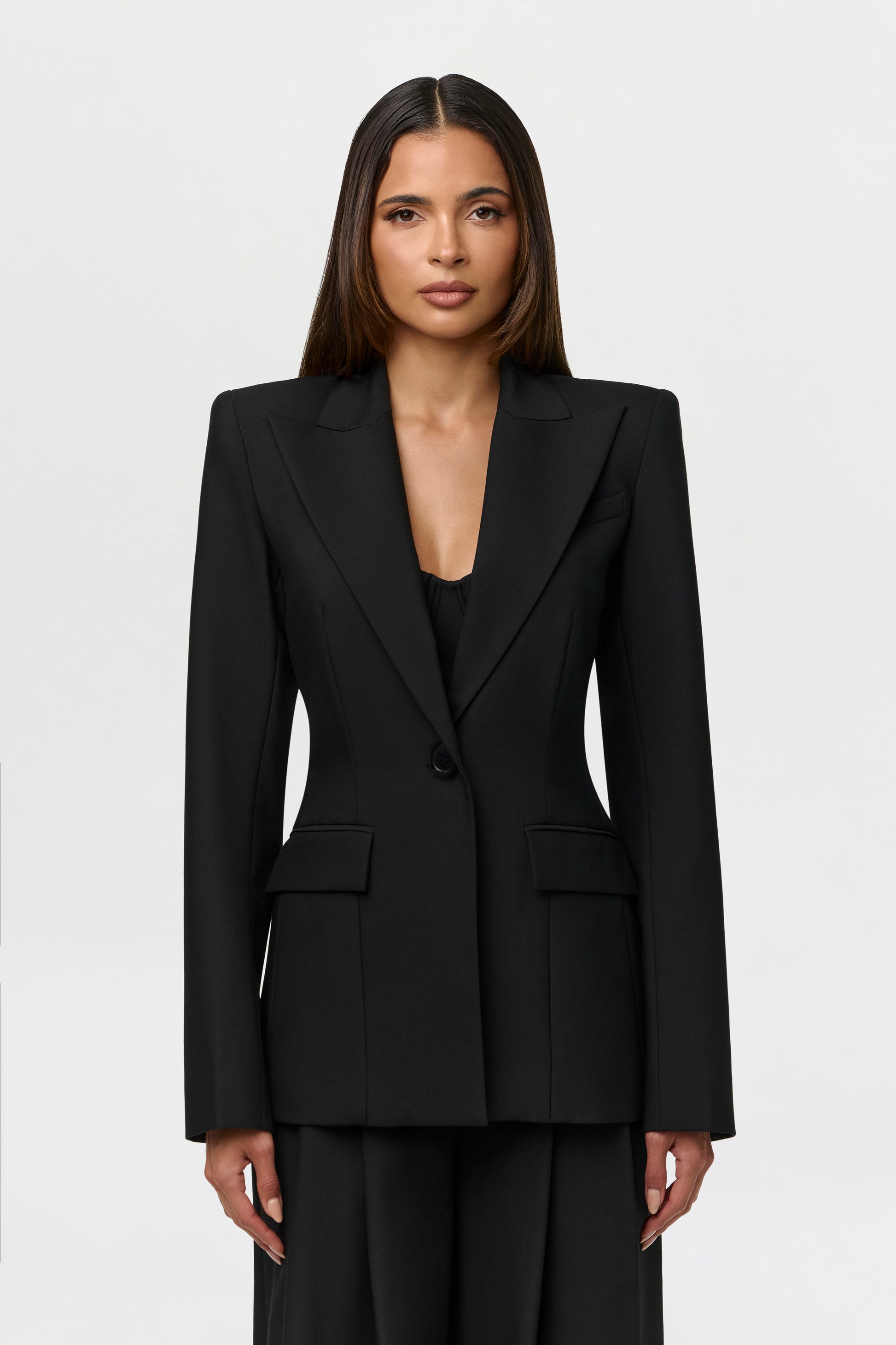 Power Shoulder Fitted Suit Blazer