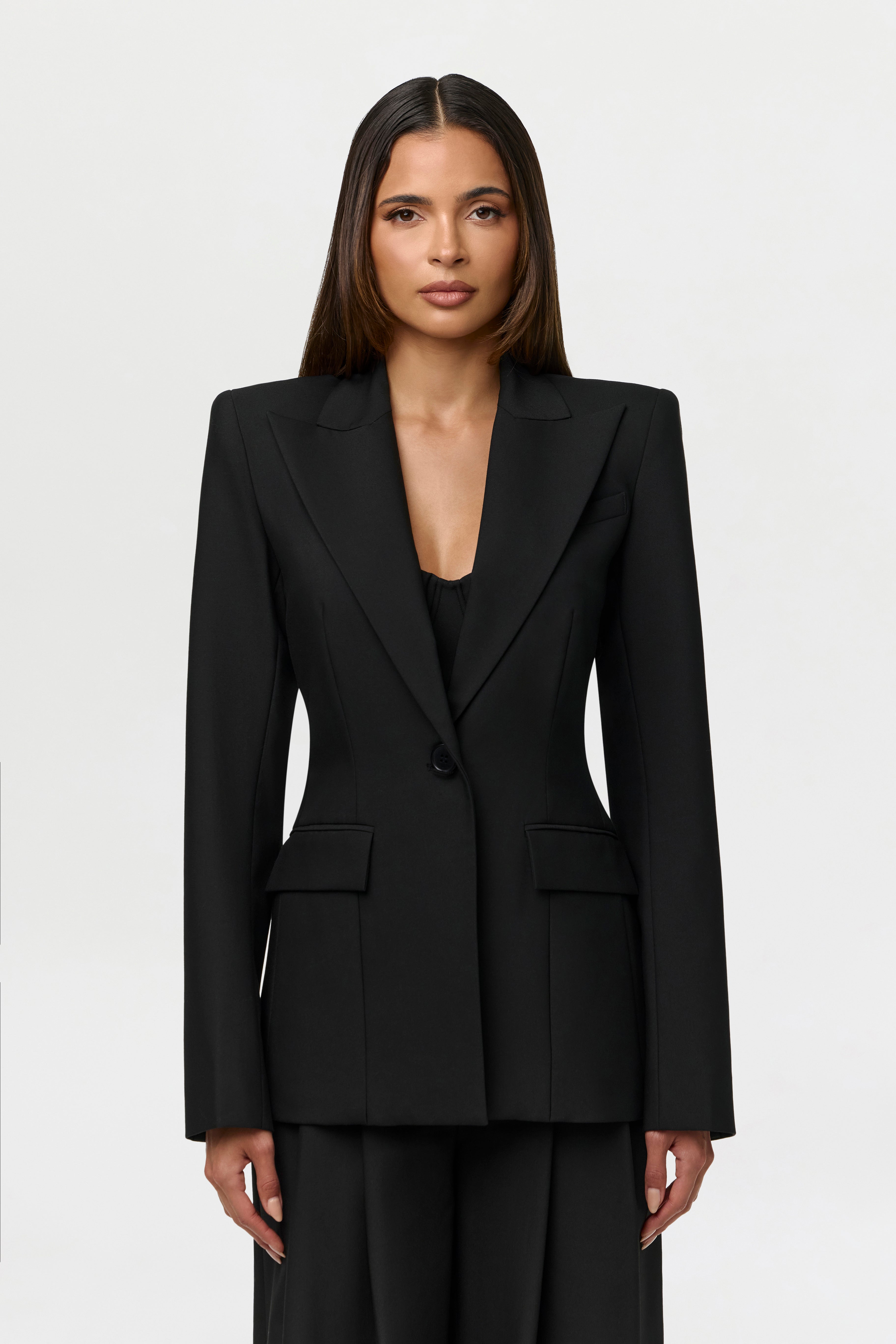 Power Shoulder Fitted Suit Blazer