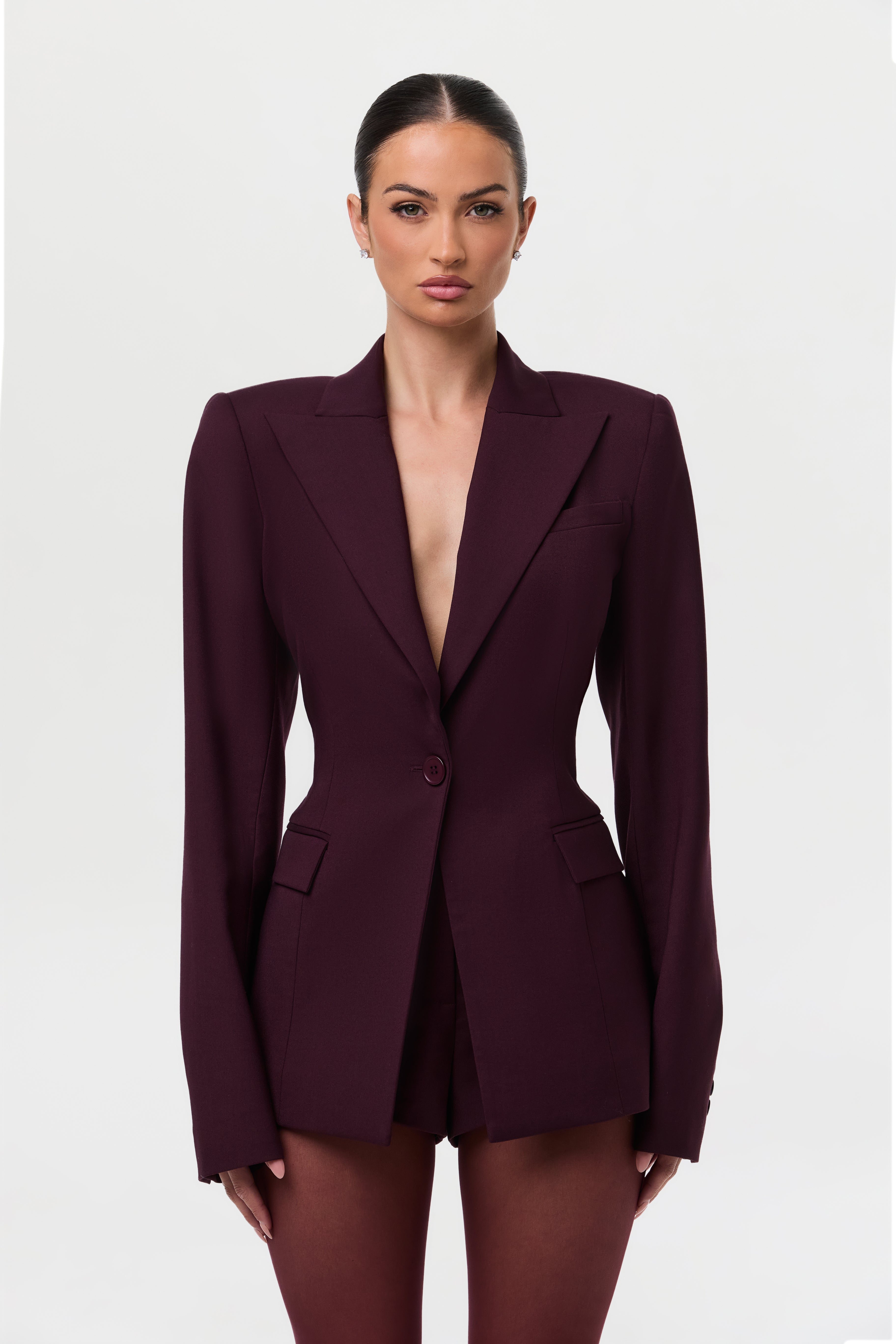 Power Shoulder Fitted Suit Blazer