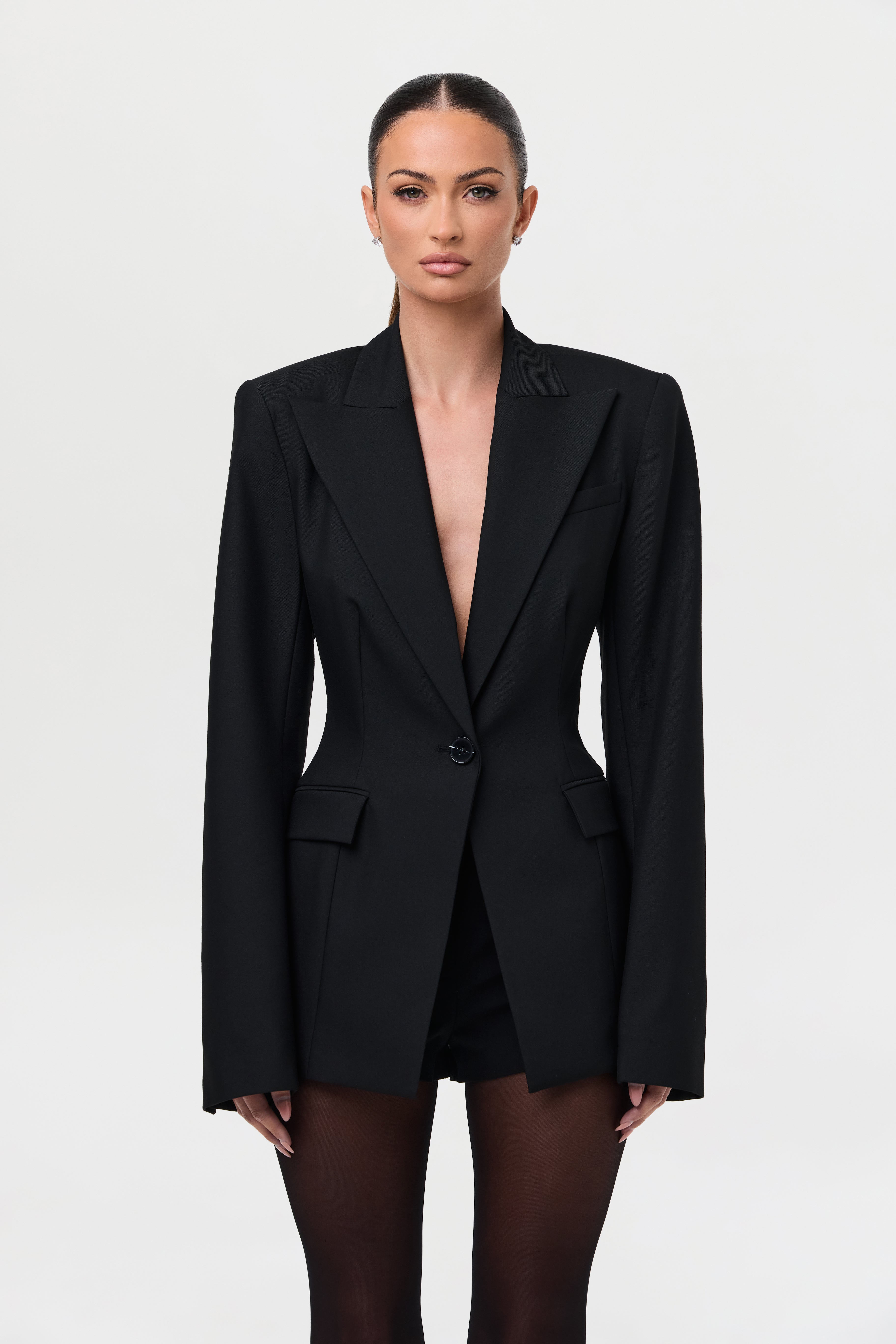 Power Shoulder Fitted Suit Blazer