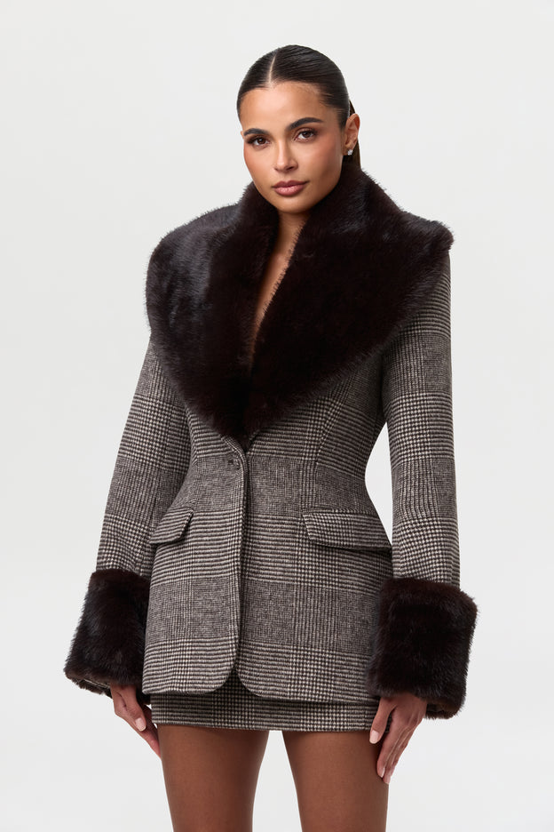 Suiting Houndstooth Faux Fur Blazer