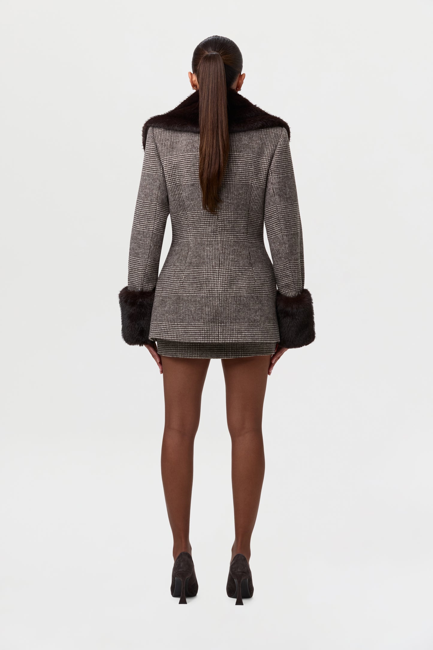 Suiting Houndstooth Faux Fur Blazer