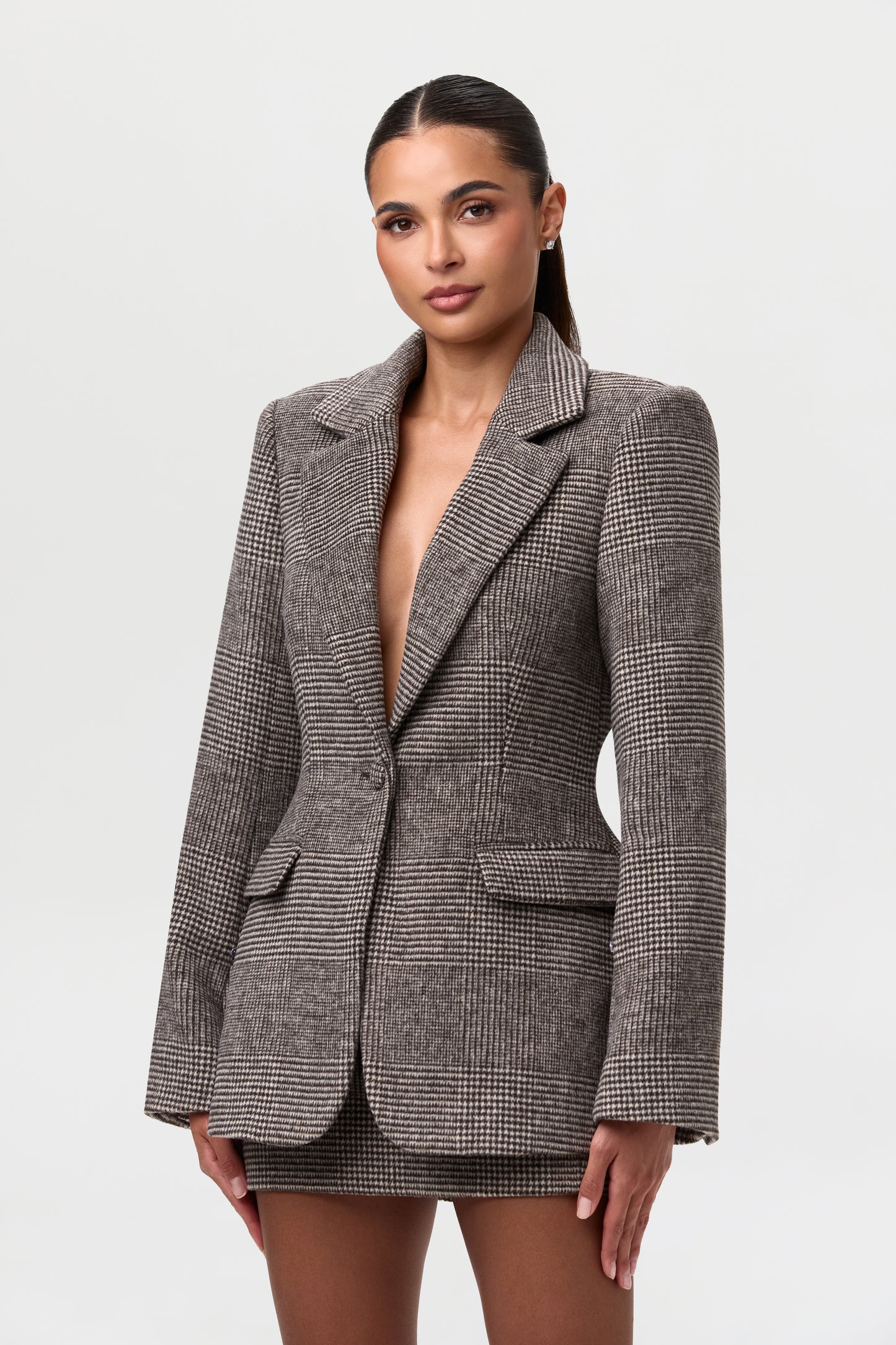 Suiting Houndstooth Faux Fur Blazer
