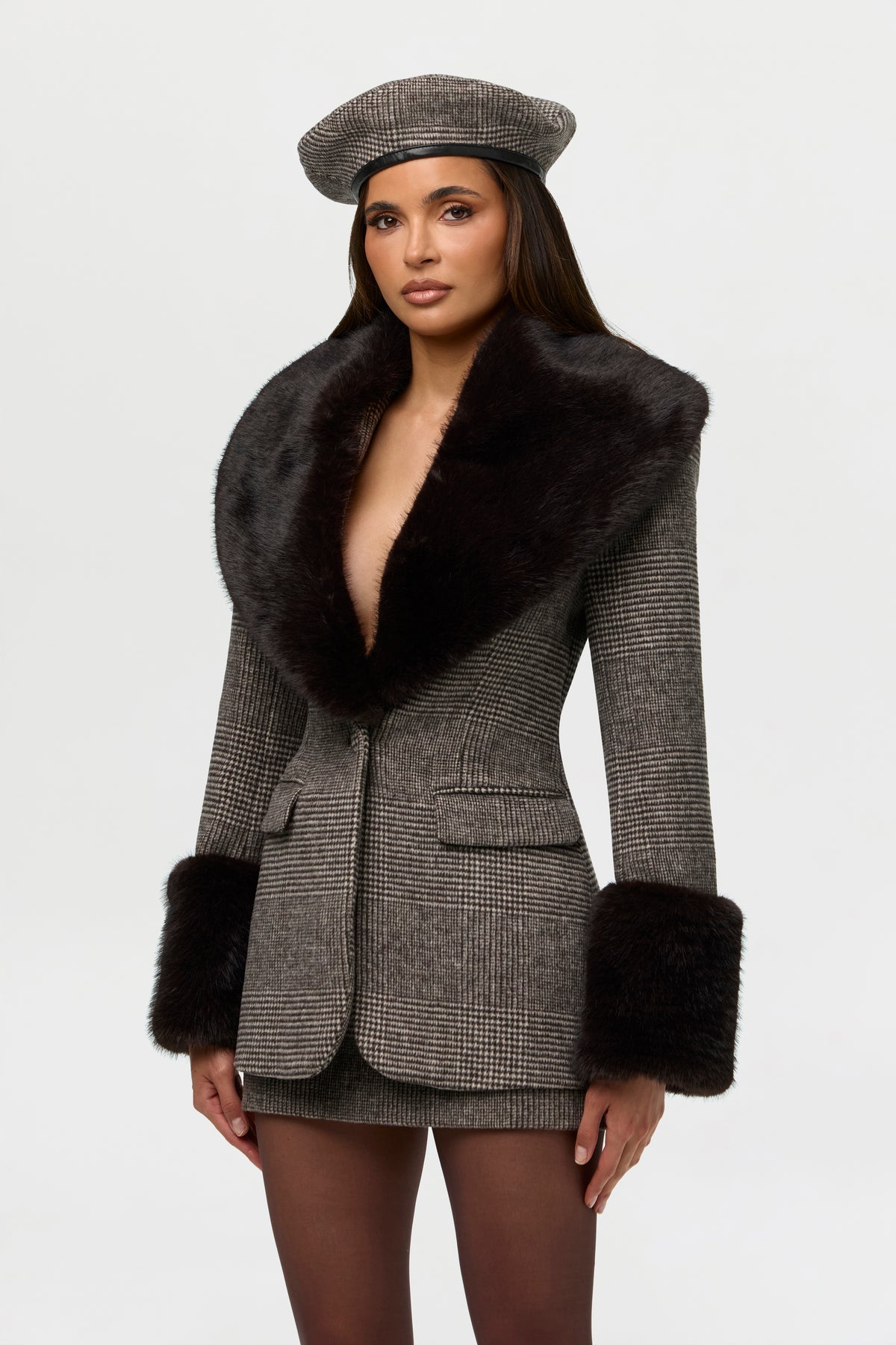 Suiting Houndstooth Faux Fur Blazer