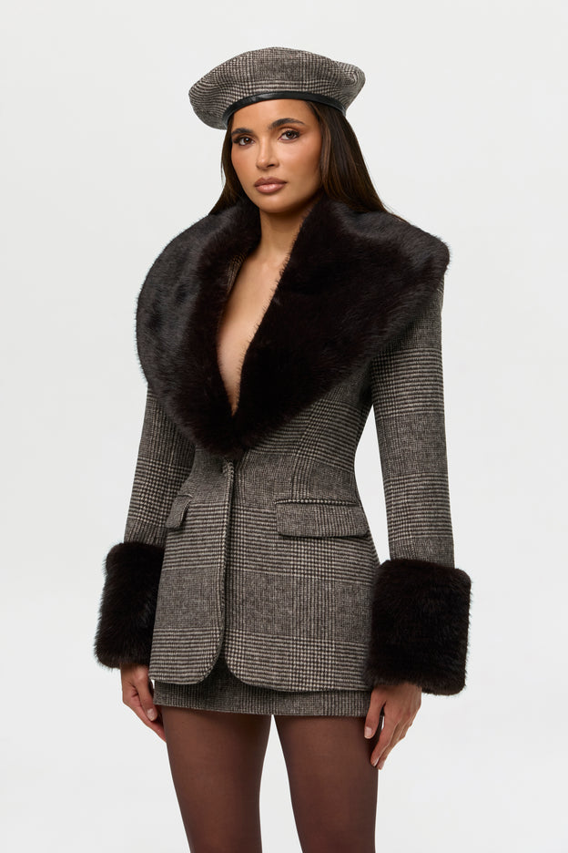 Suiting Houndstooth Faux Fur Blazer