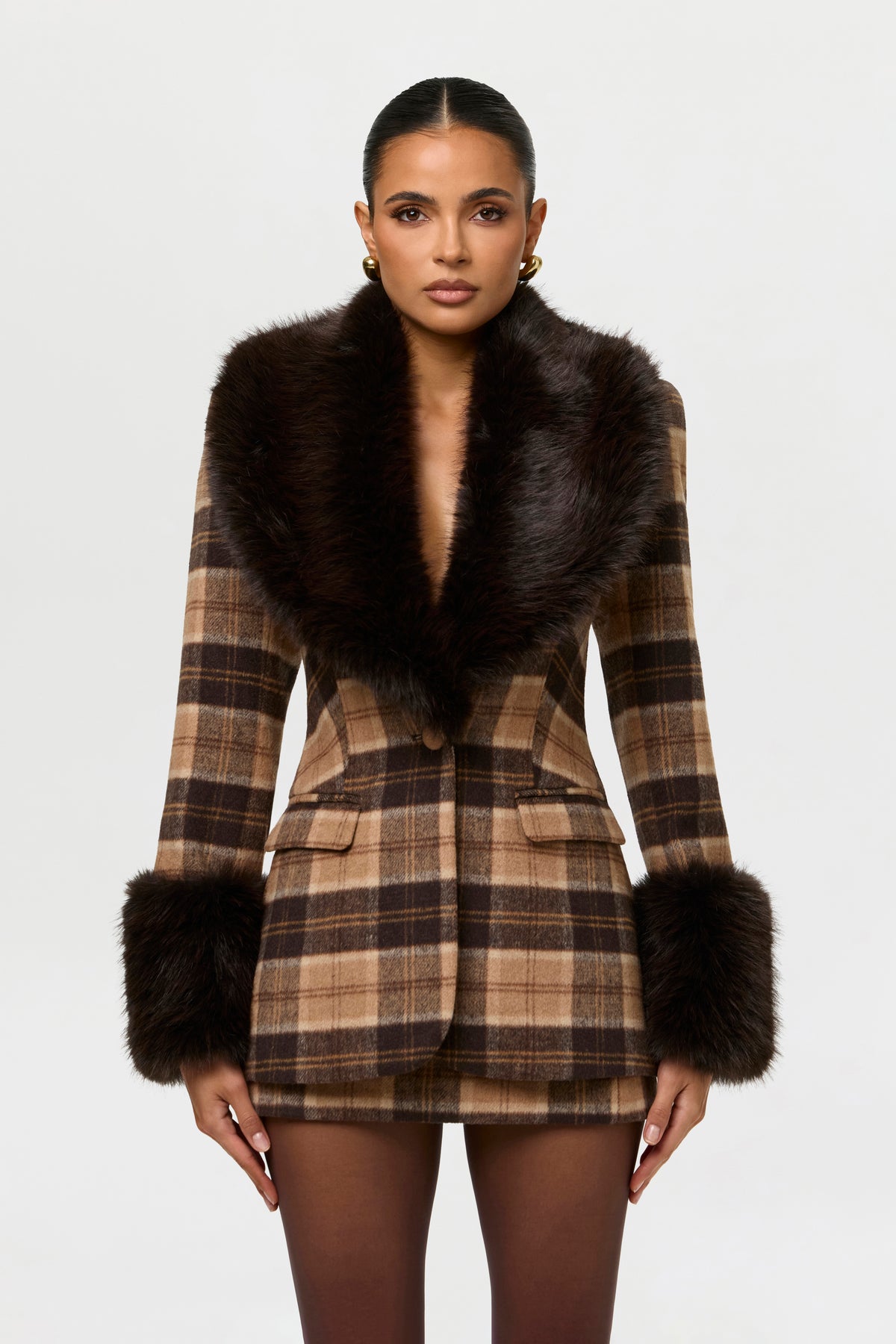 Suiting Plaid Faux Fur Blazer