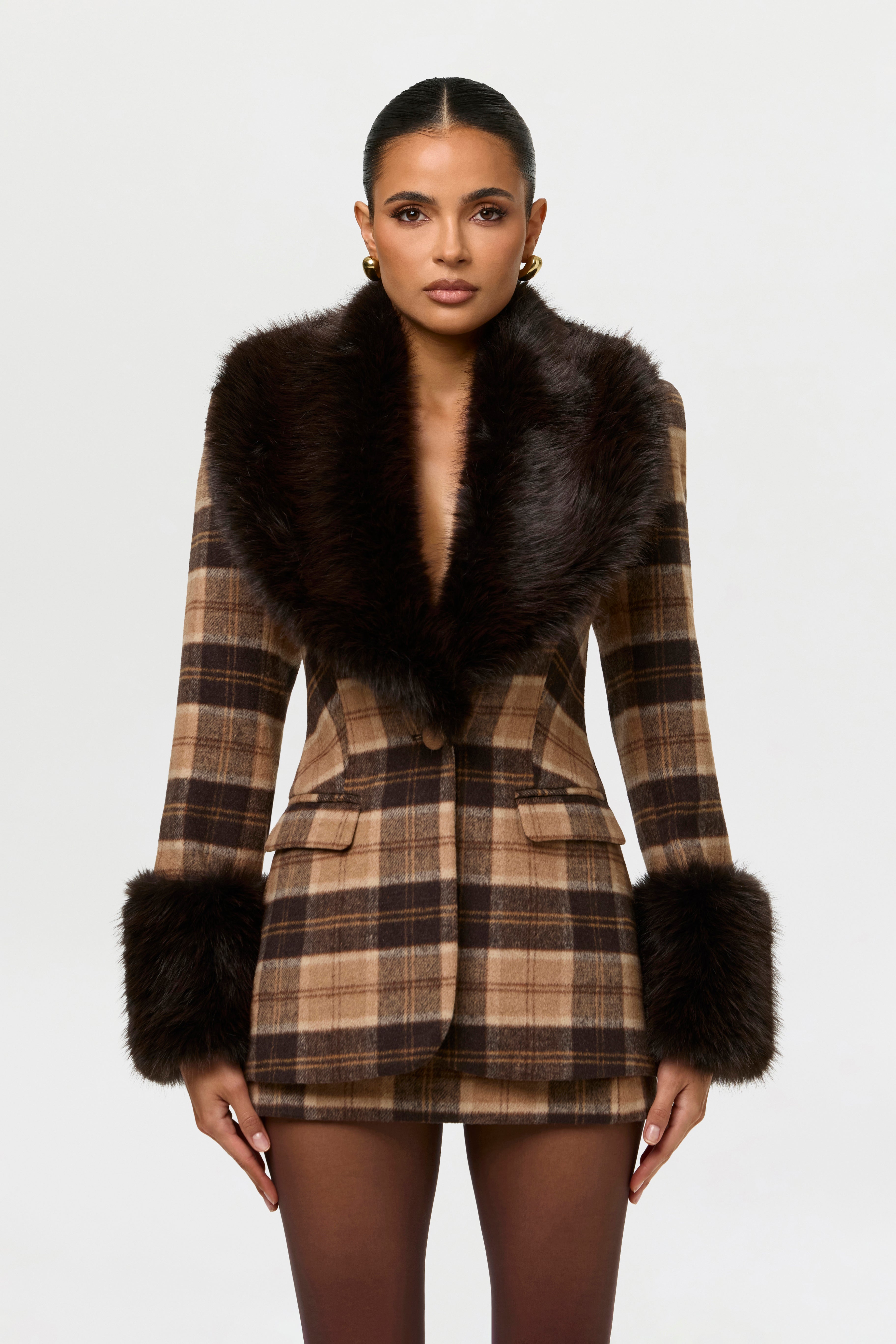 Suiting Plaid Faux Fur Blazer