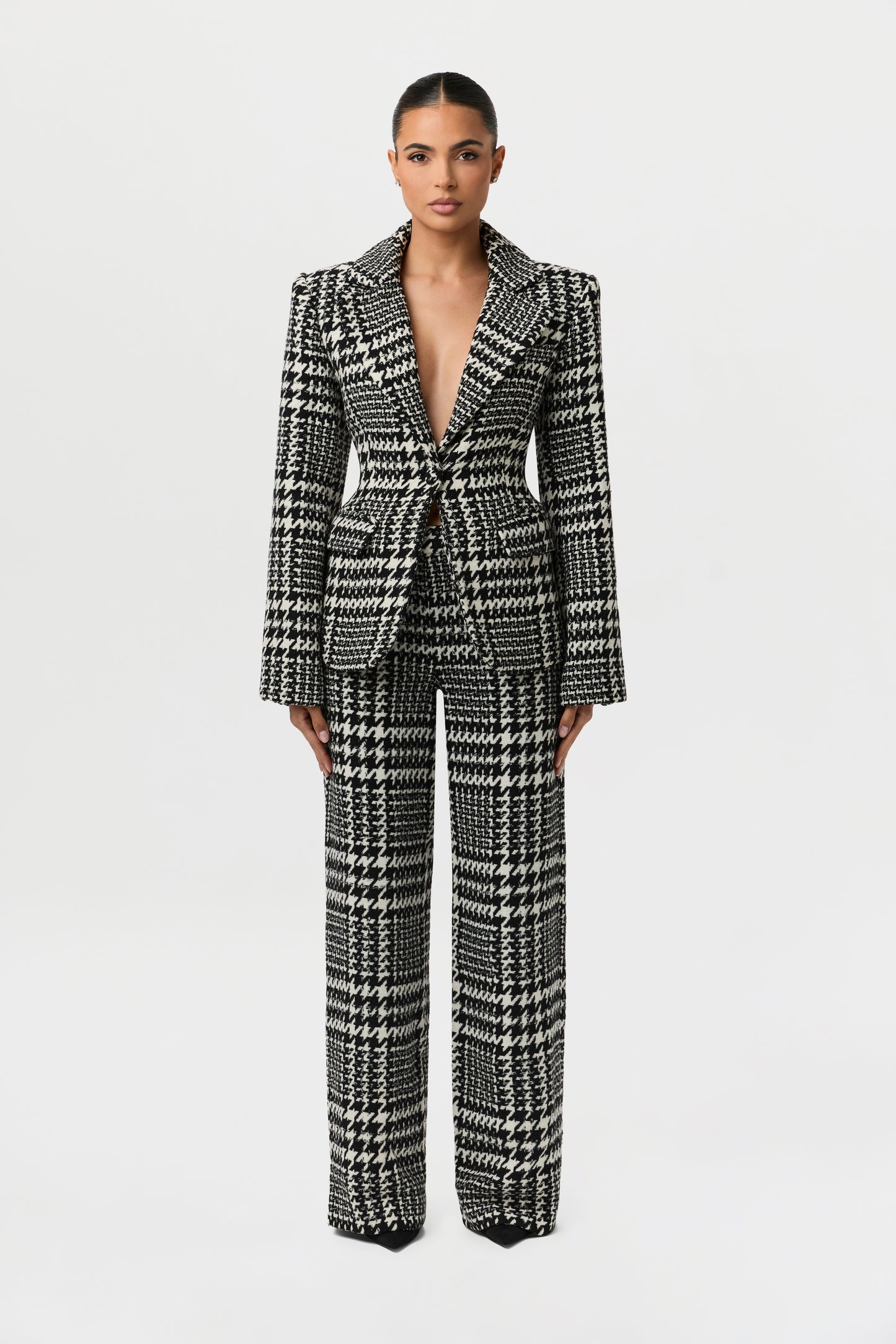 Houndstooth Plaid Wide-Leg Pants