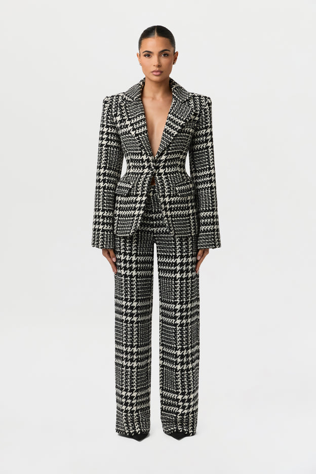 Houndstooth Plaid Wide-Leg Pants