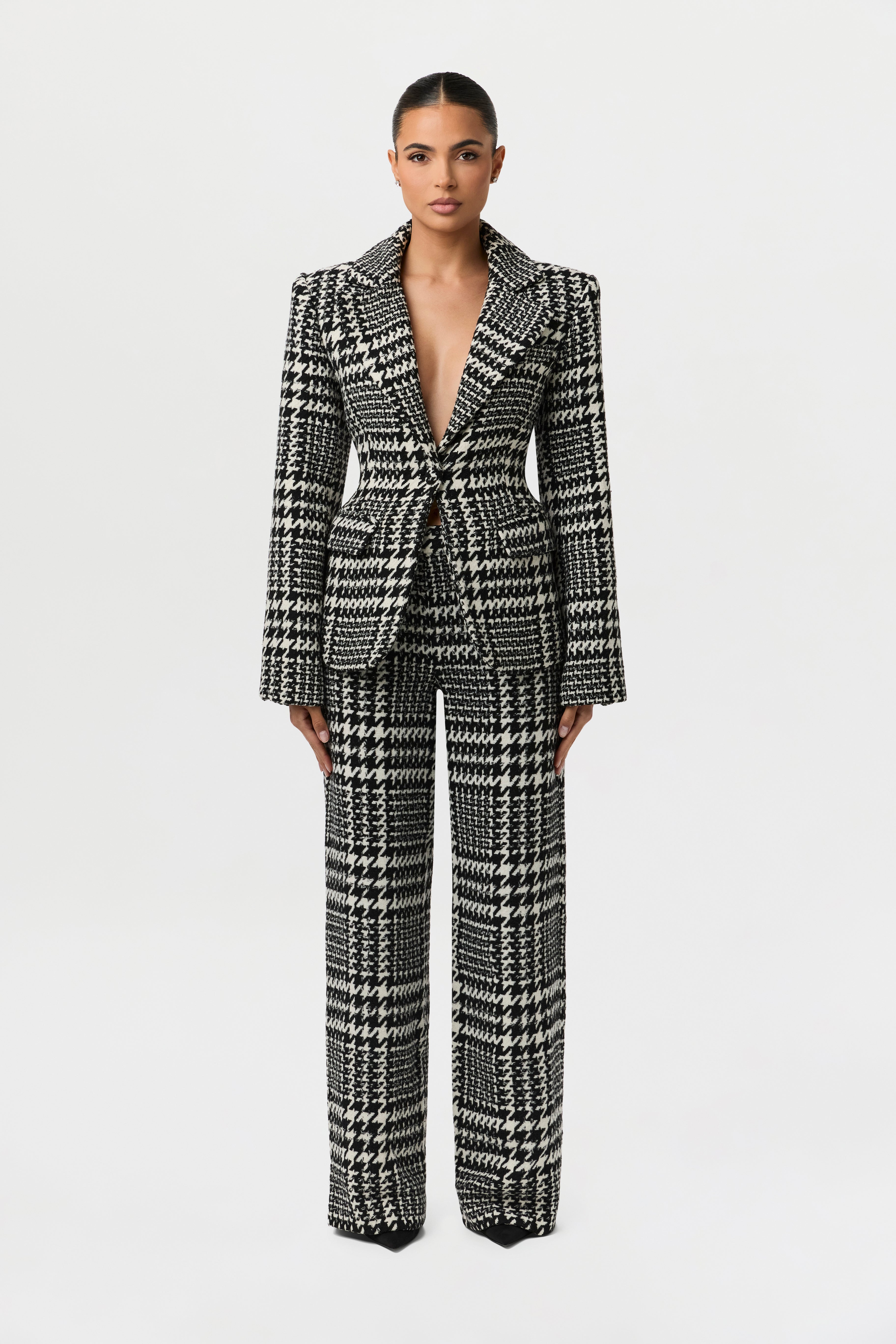 Houndstooth Plaid Wide-Leg Pants