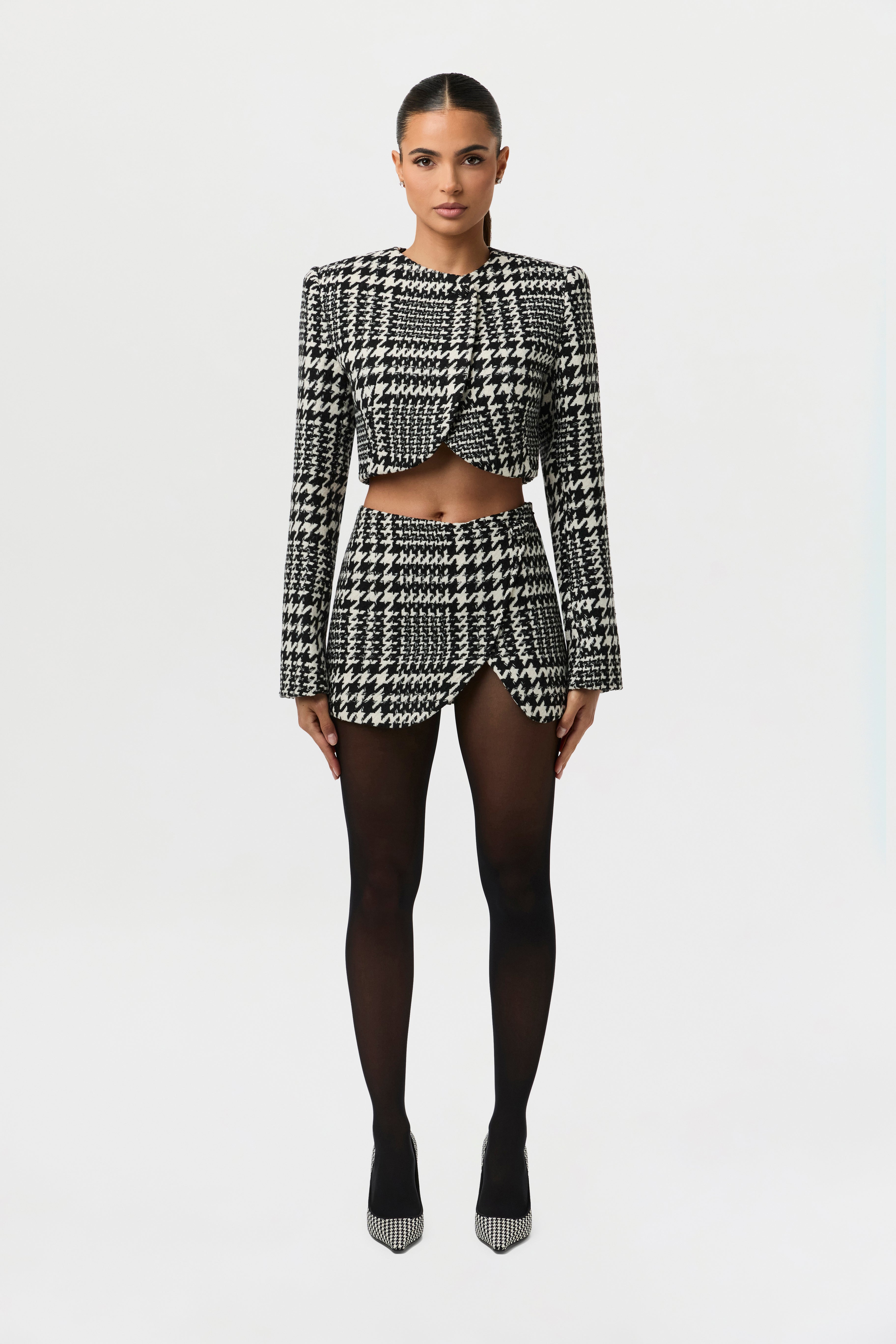 Houndstooth Plaid Cropped Blazer