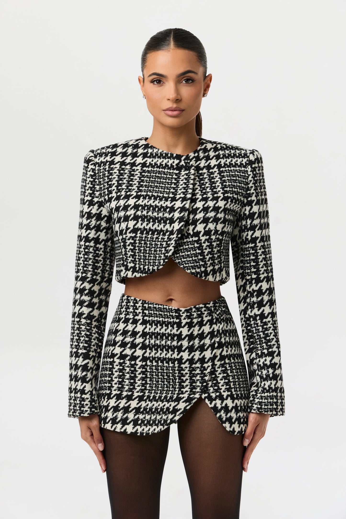 Houndstooth Plaid Cropped Blazer