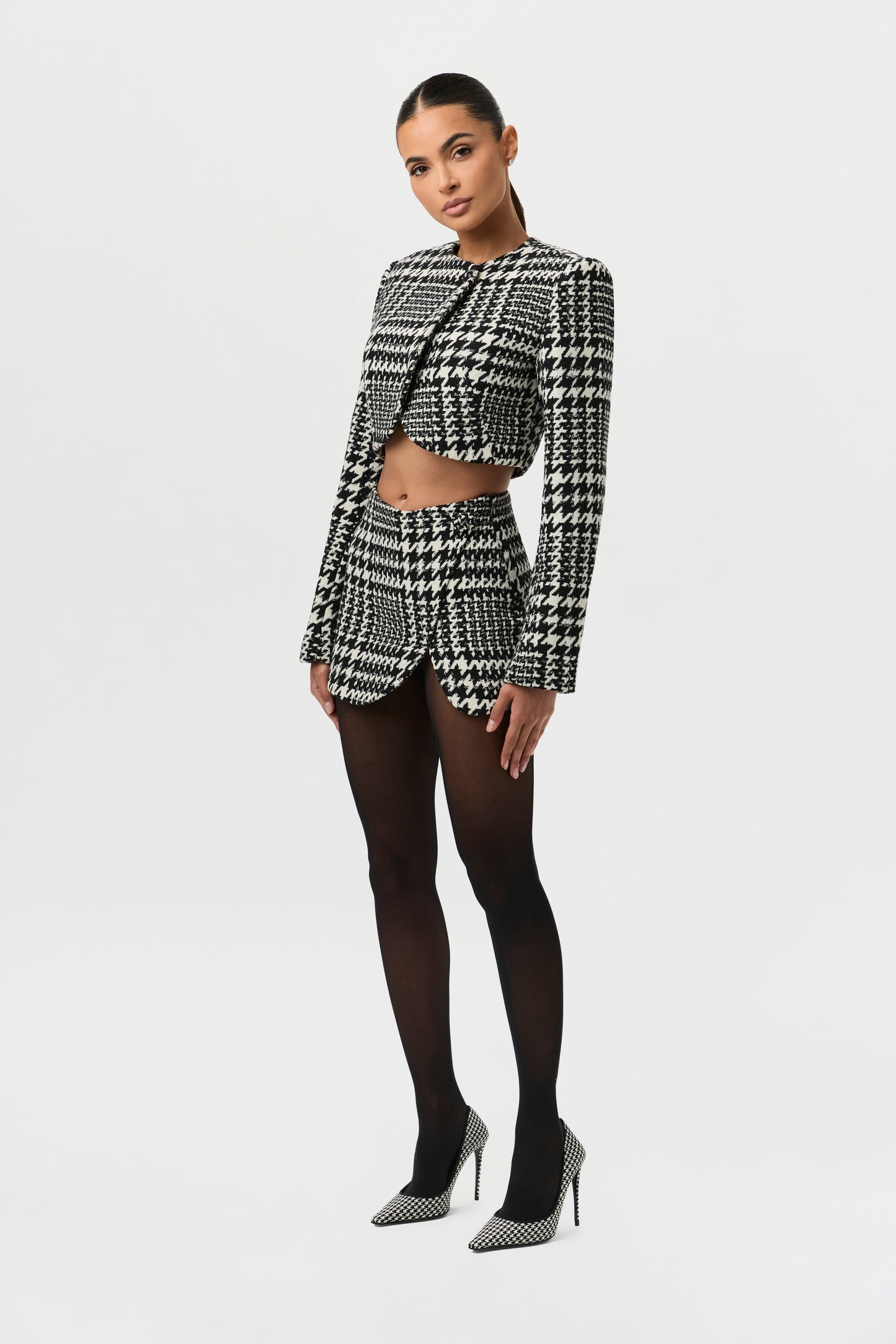 Houndstooth Plaid Cropped Blazer