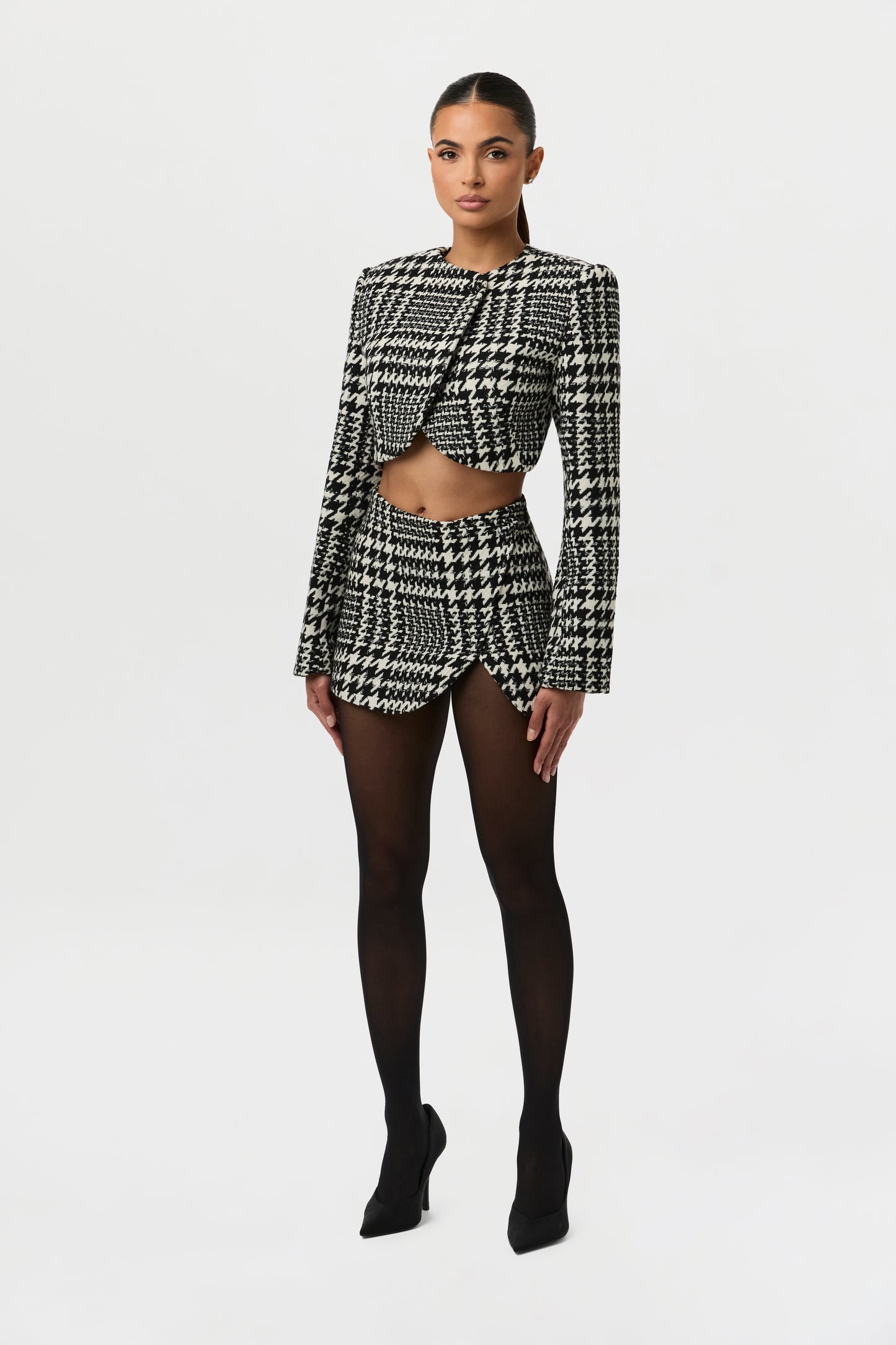 Houndstooth Plaid Cropped Blazer