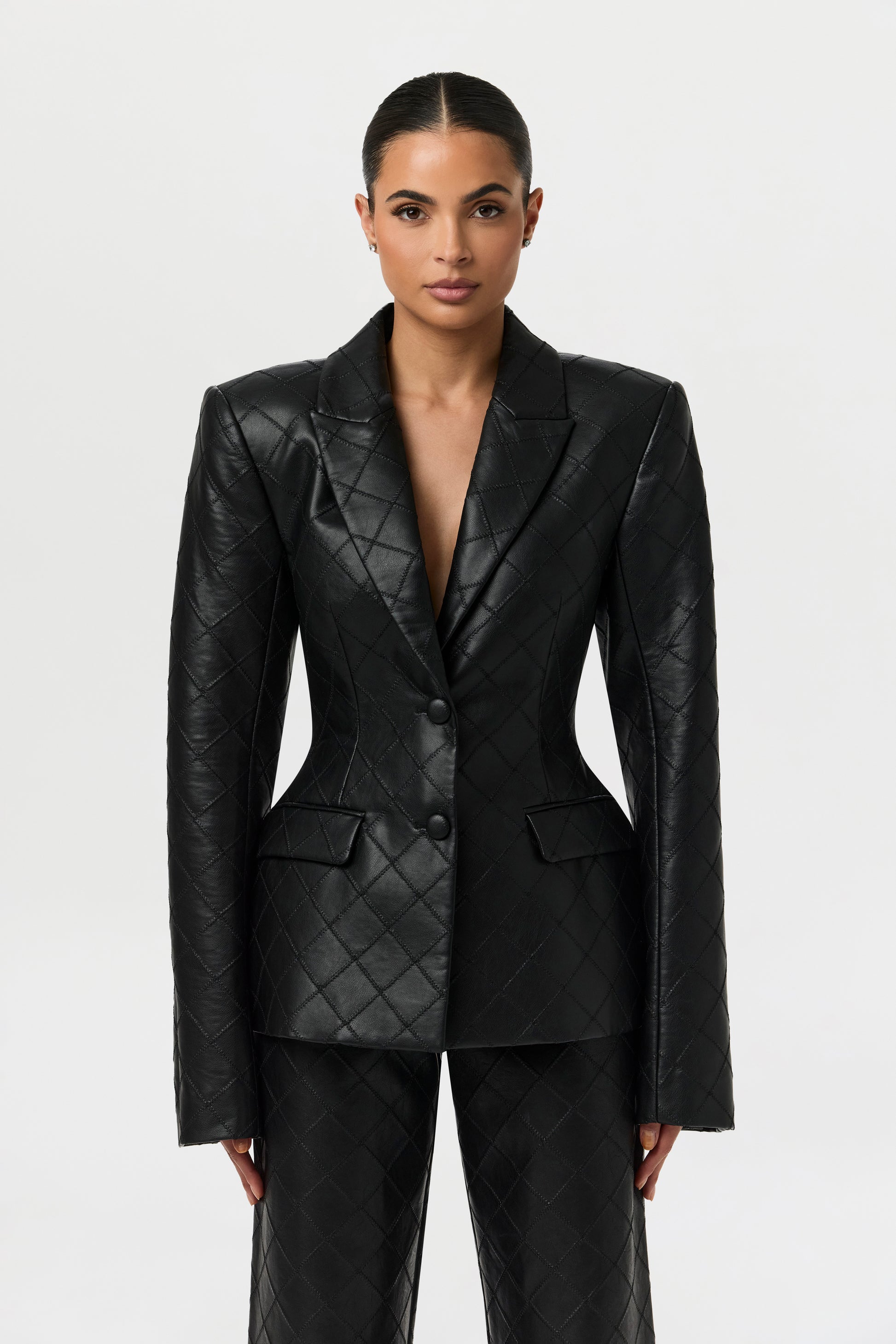 Women's Quilted Vegan Leather Blazer by Naked Wardrobe, Black / XS Women's Quilted Vegan Leather Blazer by Naked Wardrobe, Black / XS