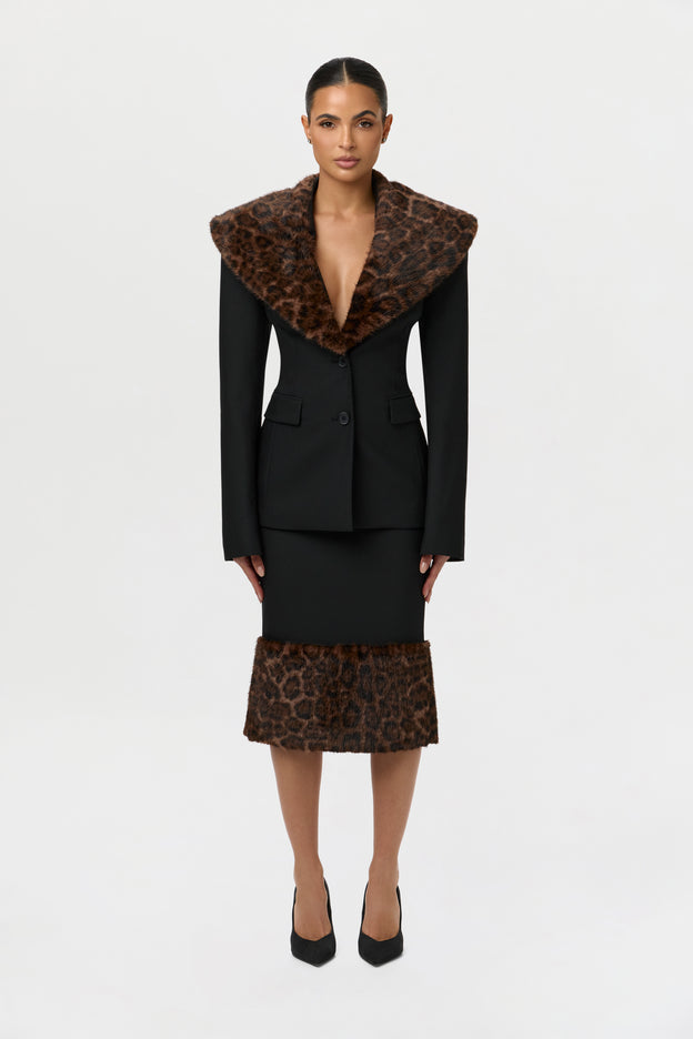 Suiting Faux Fur Leopard Midi Skirt