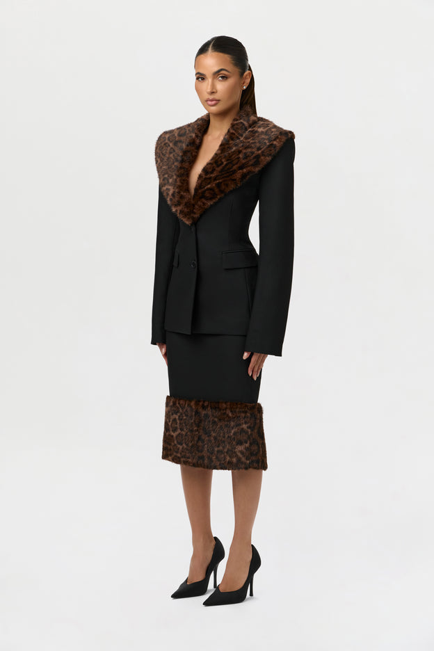 Suiting Faux Fur Leopard Midi Skirt