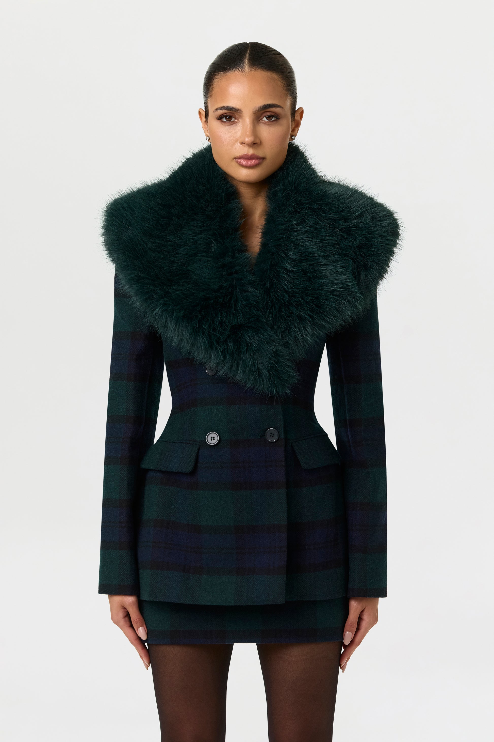 Suiting Plaid Faux Fur Blazer