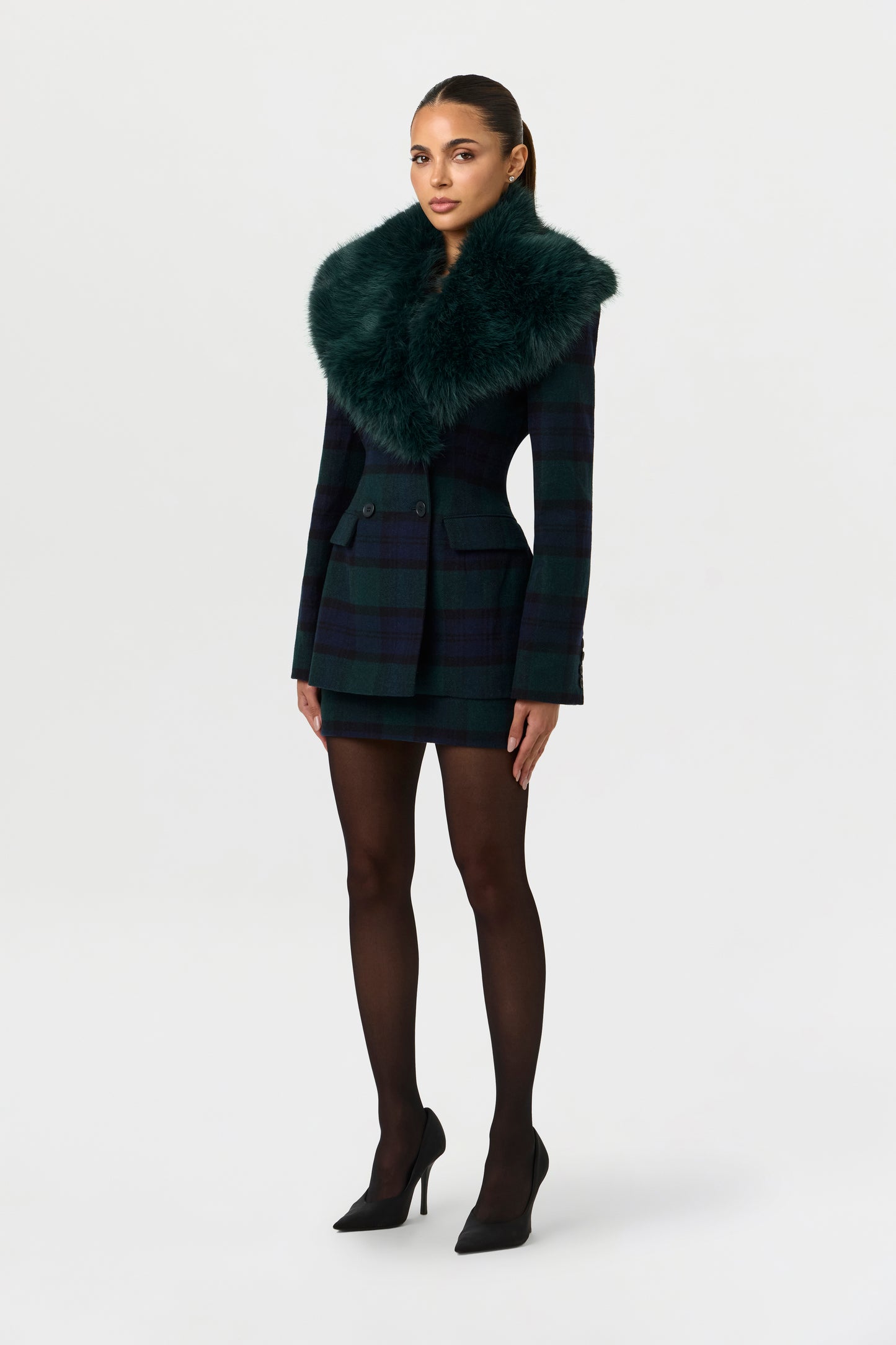Suiting Plaid Faux Fur Blazer