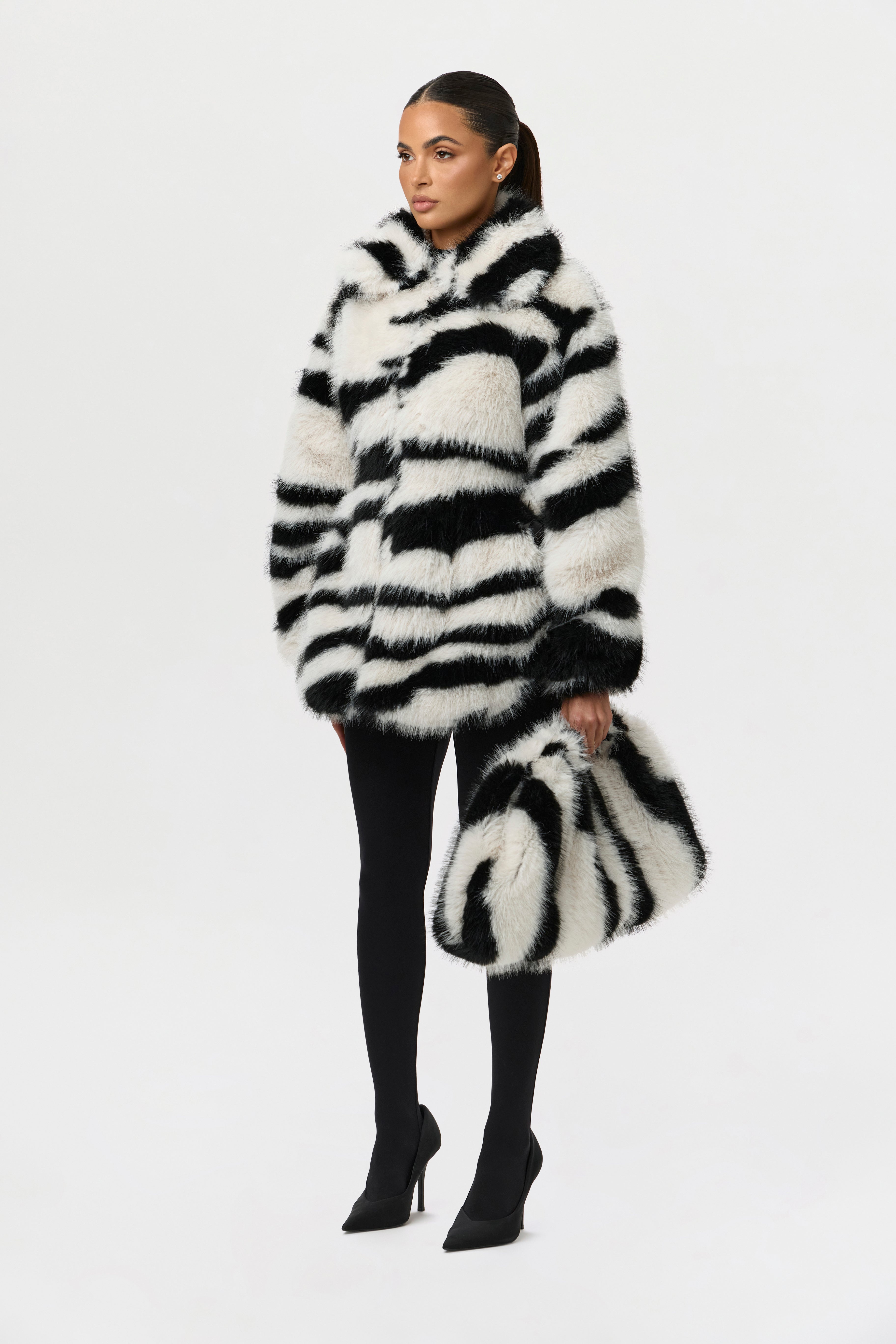 Faux Fur Plush Zebra Coat