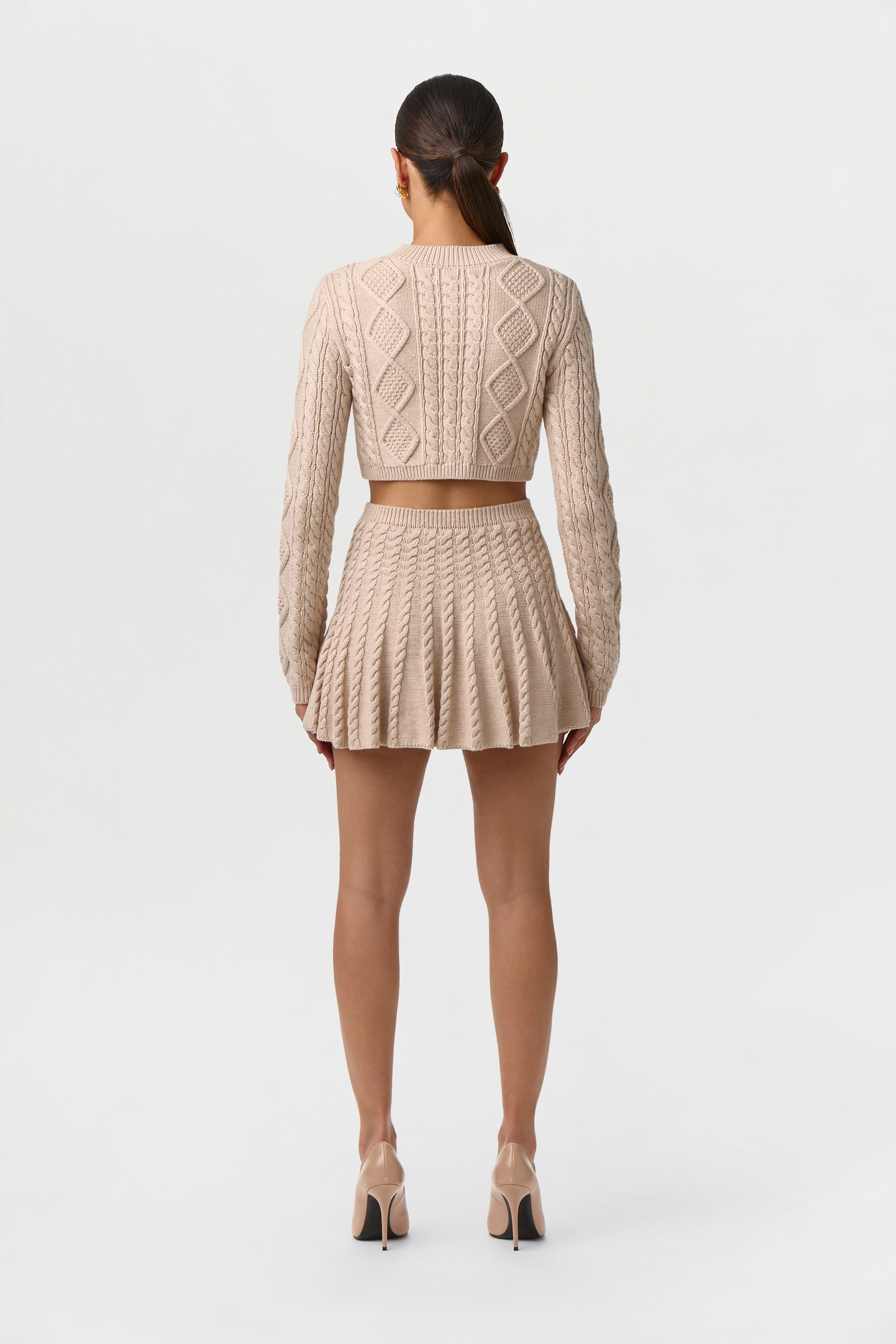 Women's Cable Knit Pleated Mini Skirt by Naked Wardrobe, Sand Beige / L Women's Cable Knit Pleated Mini Skirt by Naked Wardrobe, Sand Beige / L