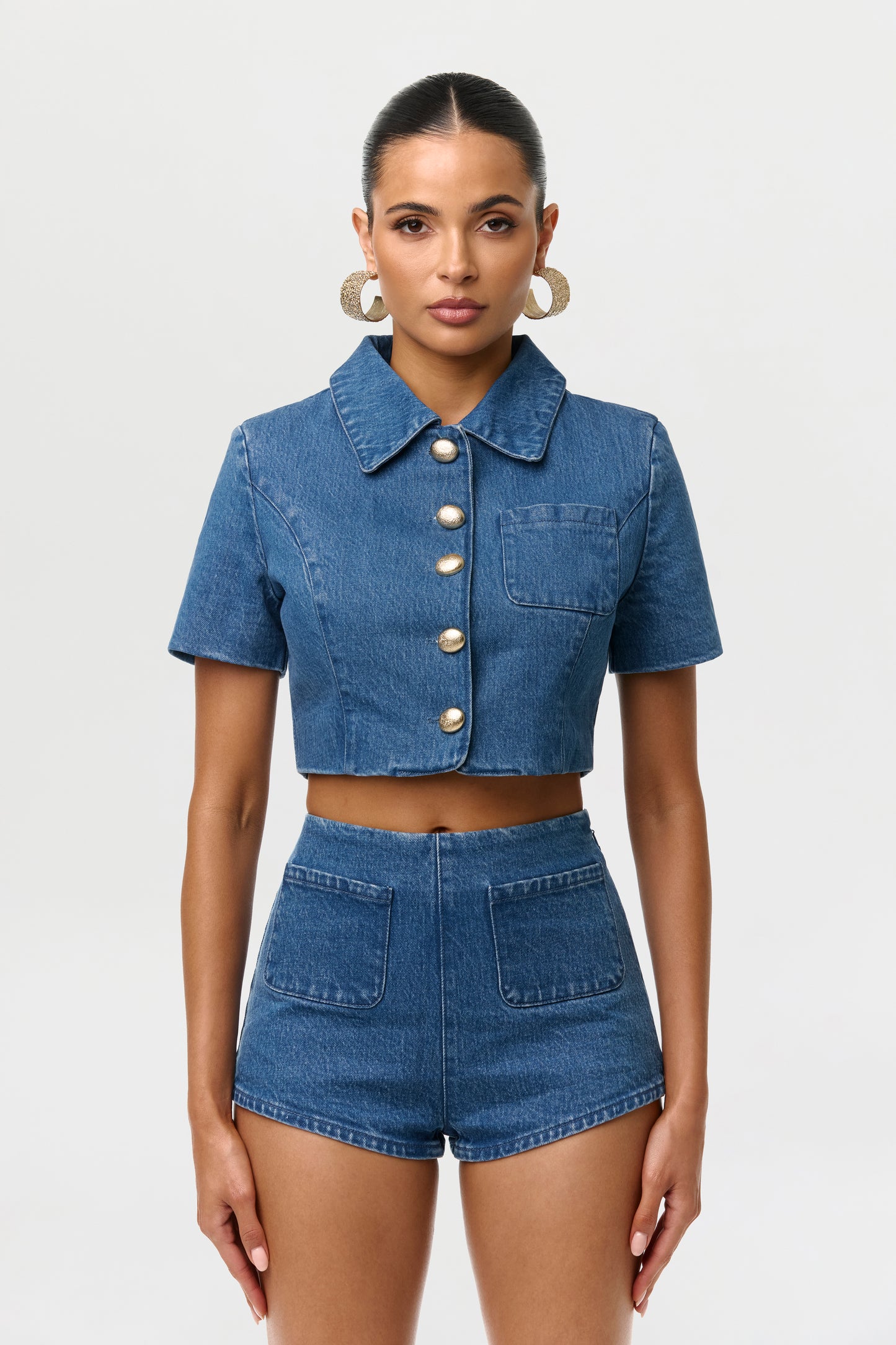 Medium Indigo Denim Button Up Crop Top