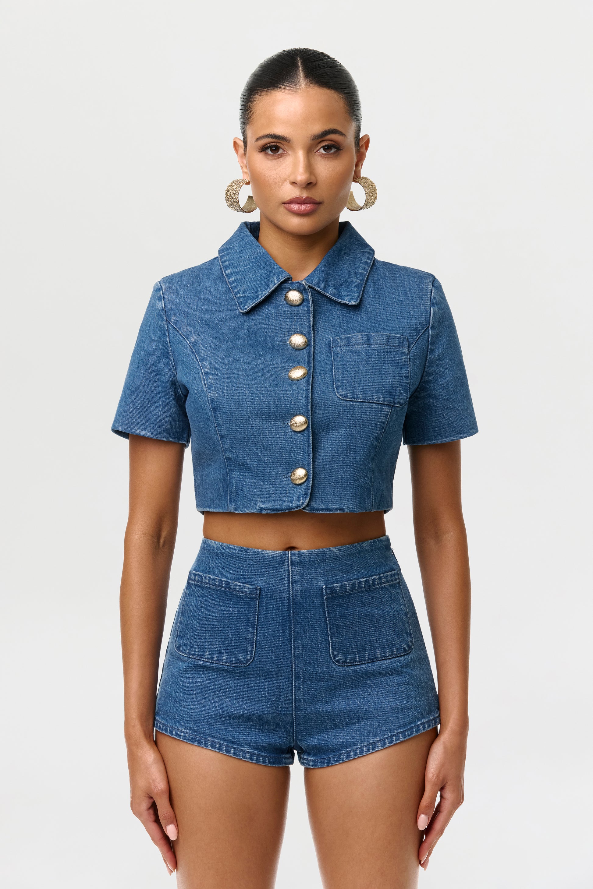 Medium Indigo Denim Button Up Crop Top
