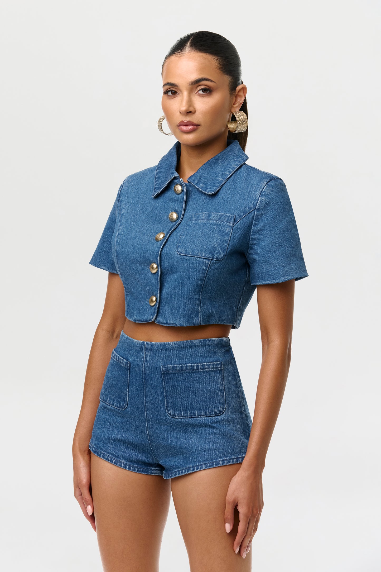 Medium Indigo Denim Button Up Crop Top
