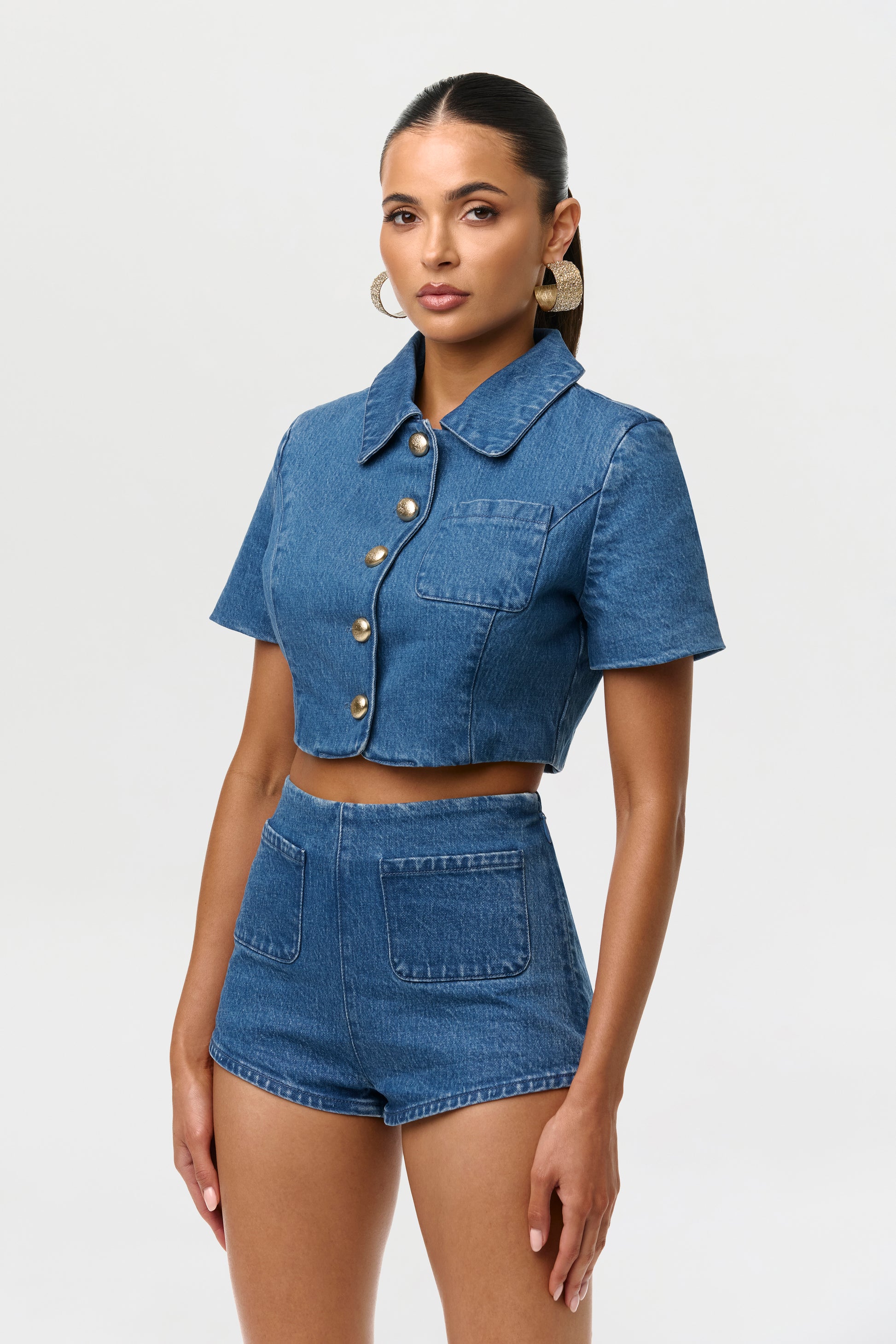 Medium Indigo Denim Button Up Crop Top