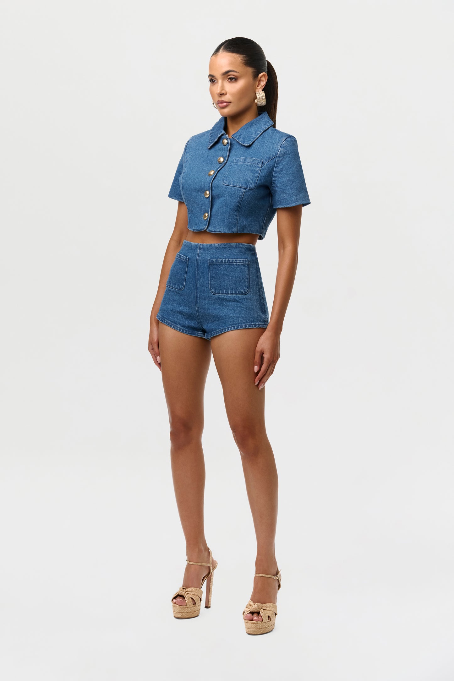 Medium Indigo Denim Button Up Crop Top