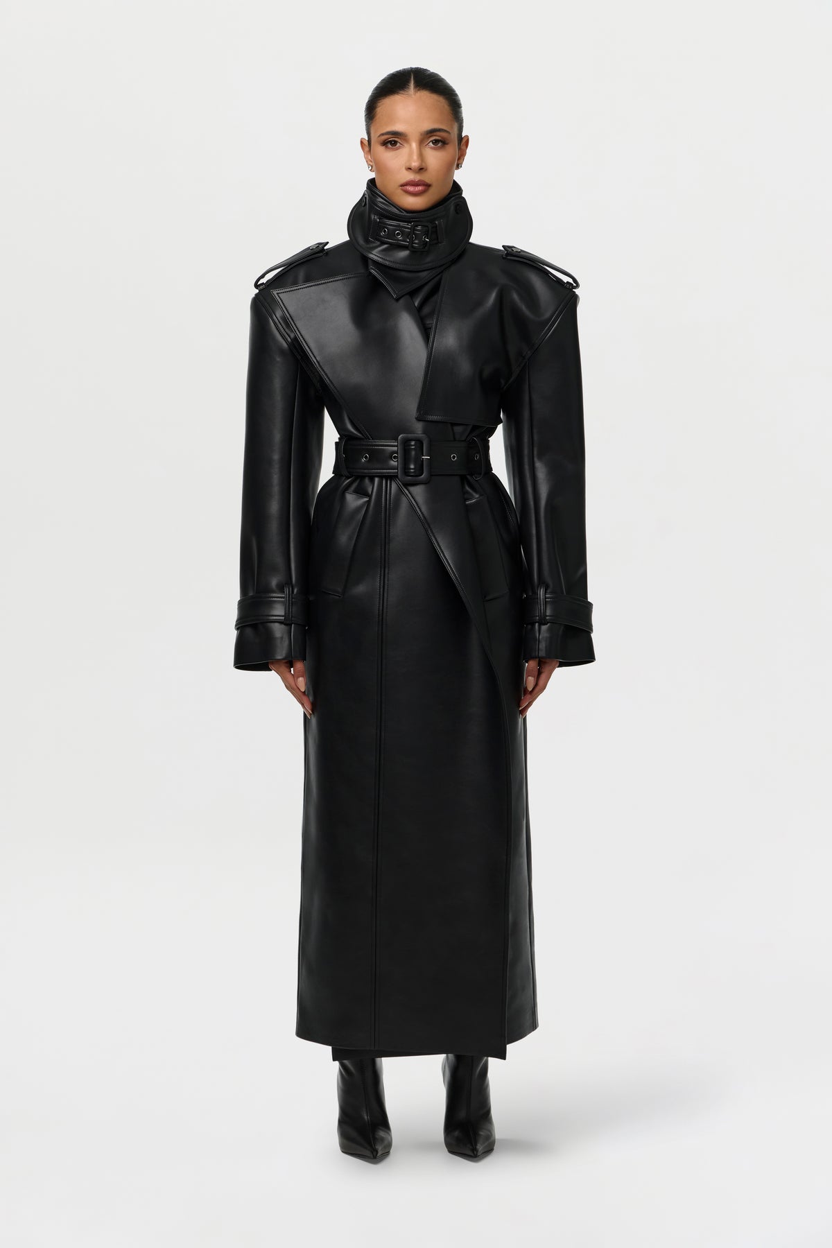 Vegan Leather Belted Trench Coat