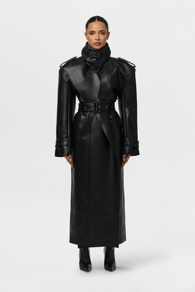 Vegan Leather Belted Trench Coat