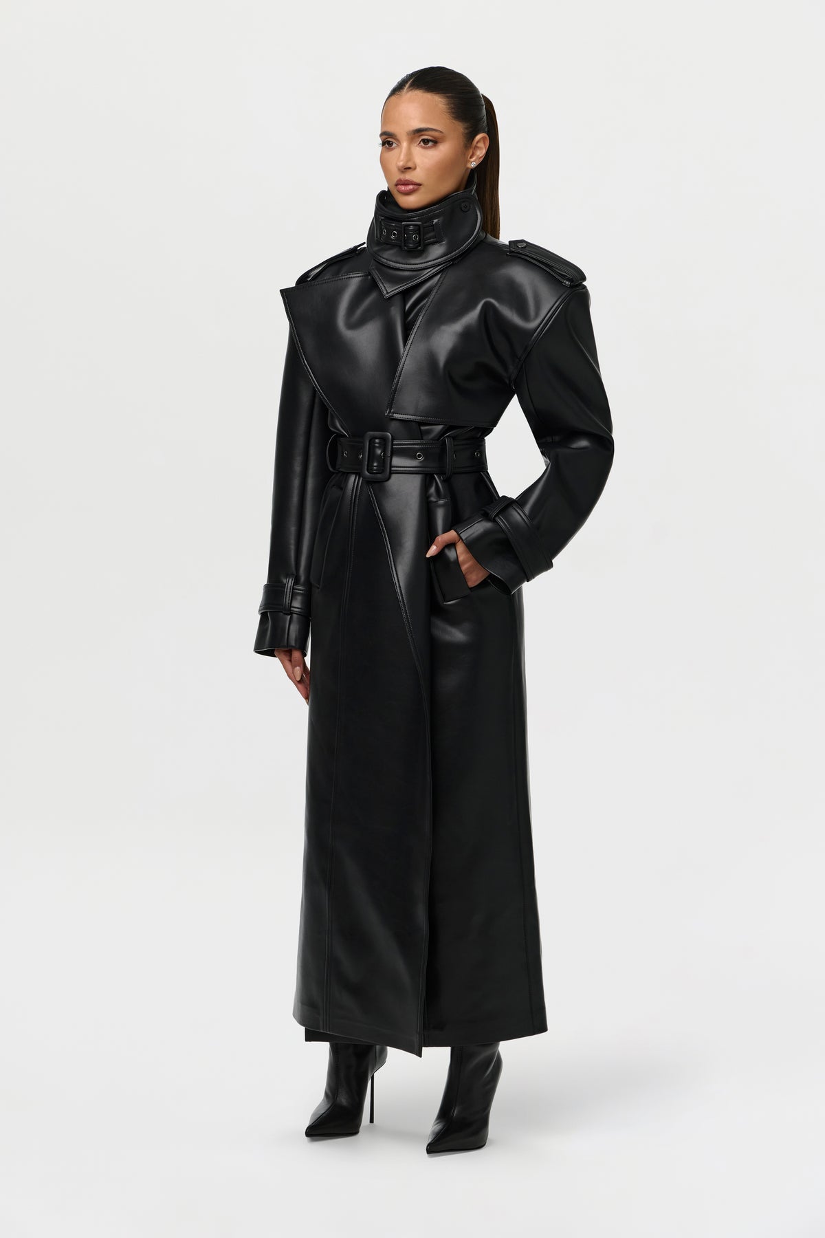 Vegan Leather Belted Trench Coat