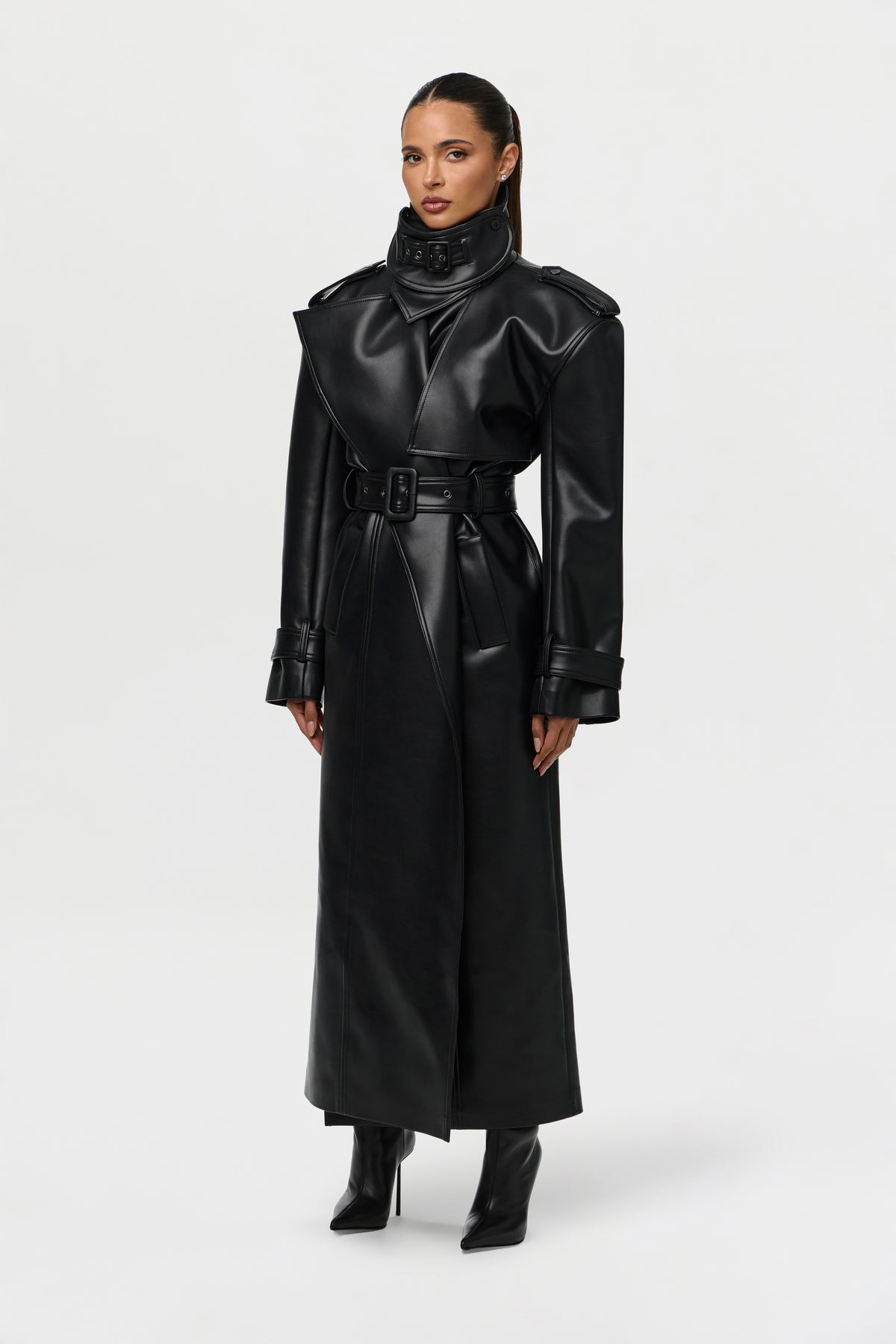 Vegan Leather Belted Trench Coat