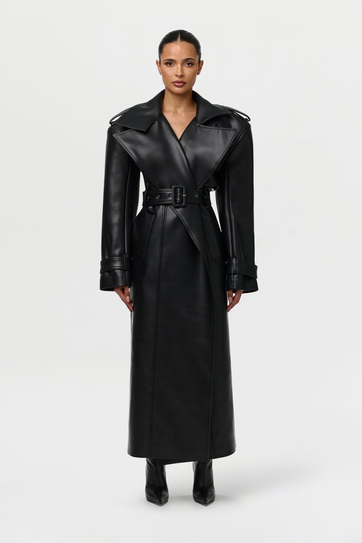 Vegan Leather Belted Trench Coat
