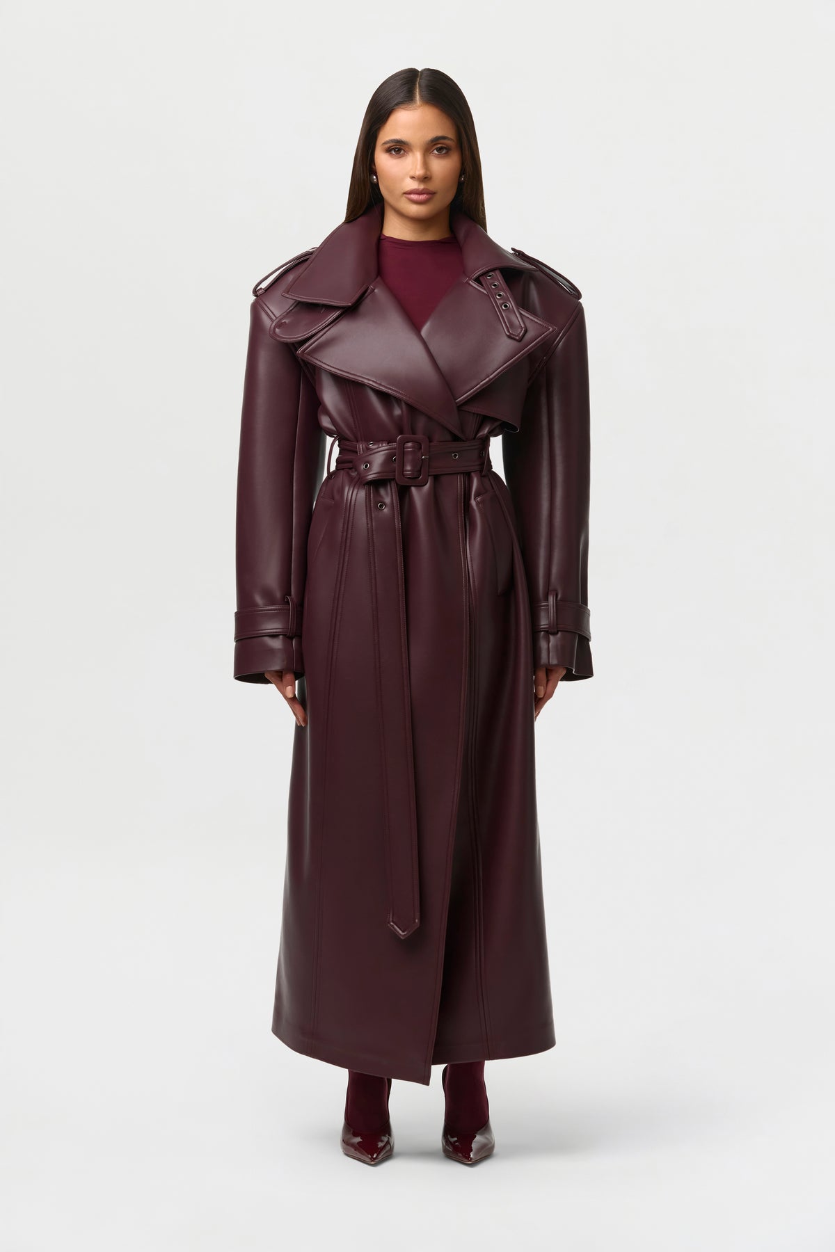 Vegan Leather Belted Trench Coat
