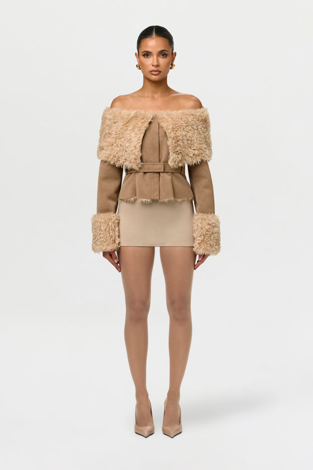 Suede Sherpa Off-Shoulder Jacket