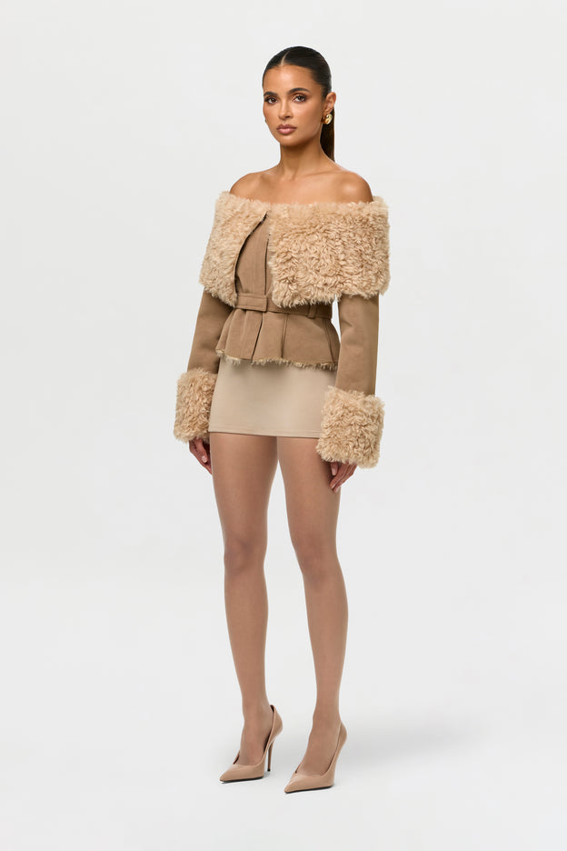 Suede Sherpa Off-Shoulder Jacket