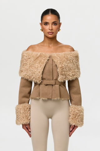 Suede Sherpa Off-Shoulder Jacket