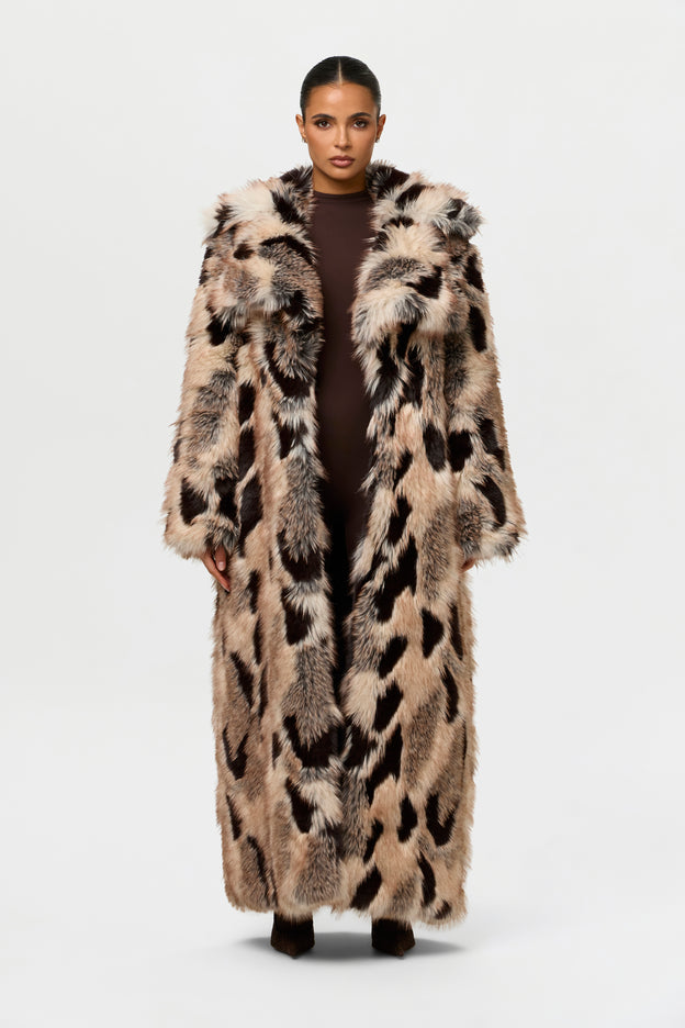 Faux Fur Print Long Coat