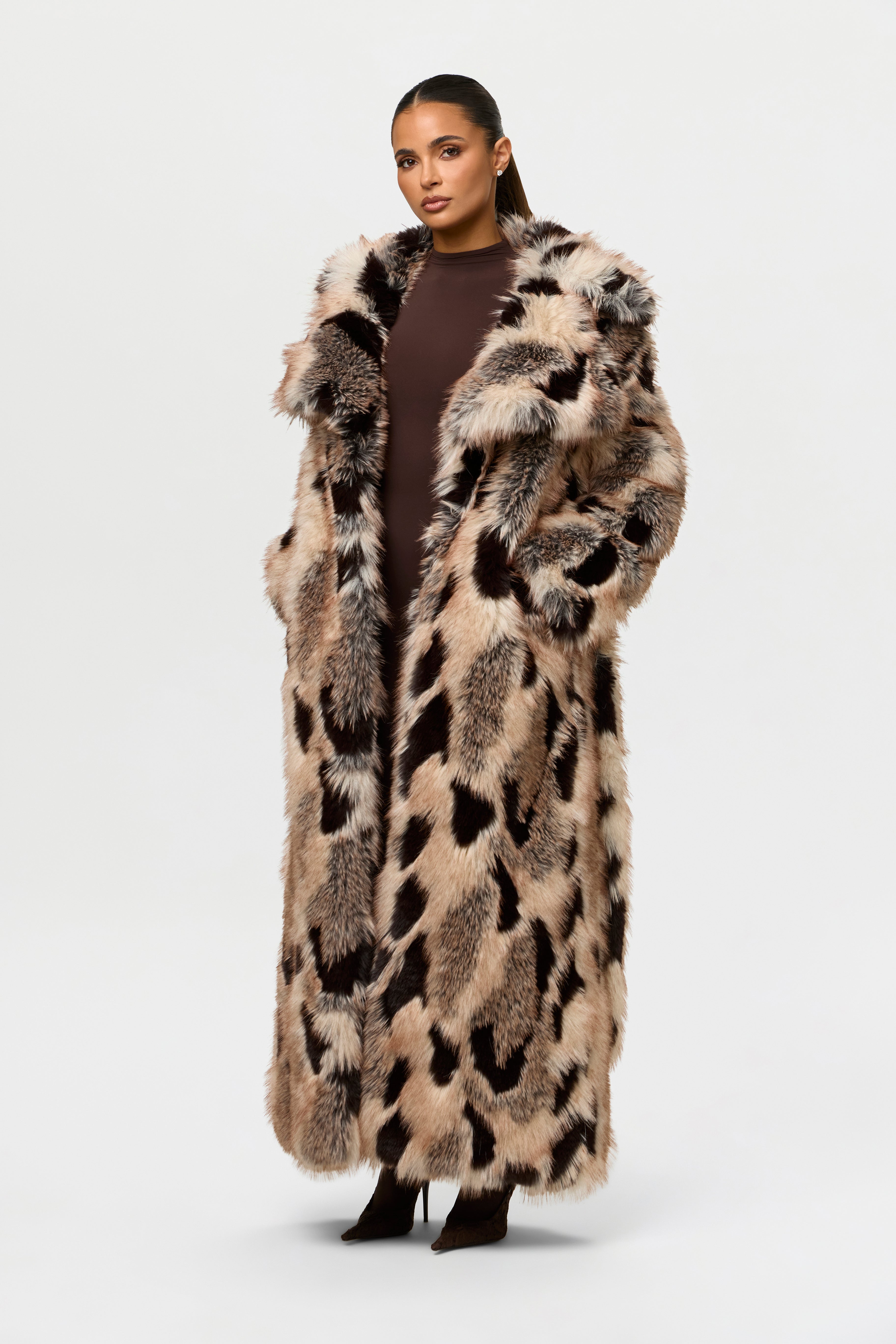Faux Fur Print Long Coat