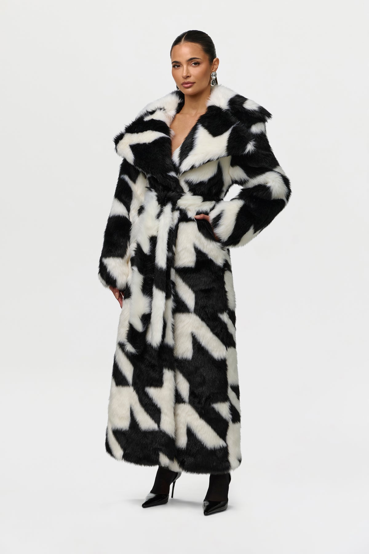 Jacquard Print Faux Fur Coat