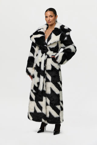 Faux Fur Houndstooth Coat