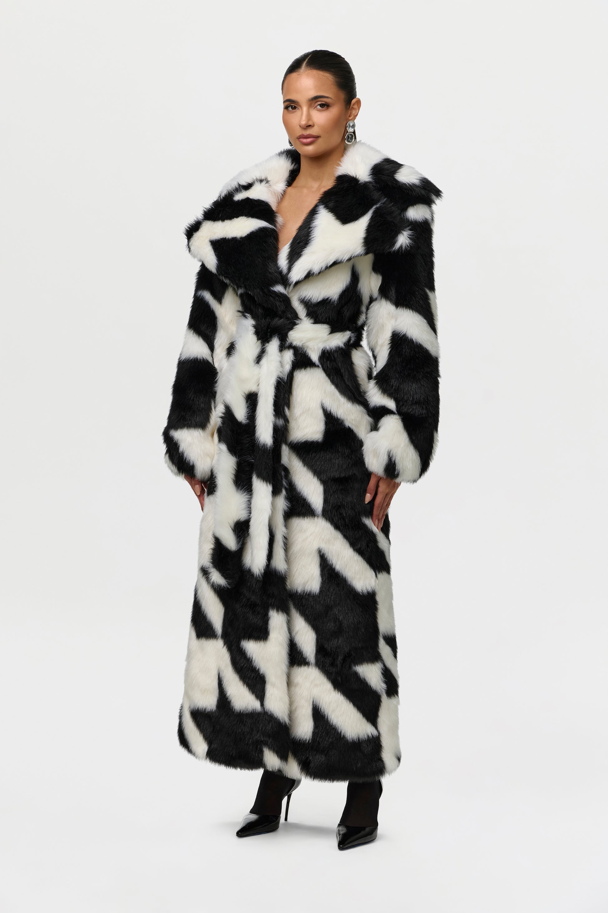 Jacquard Print Faux Fur Coat