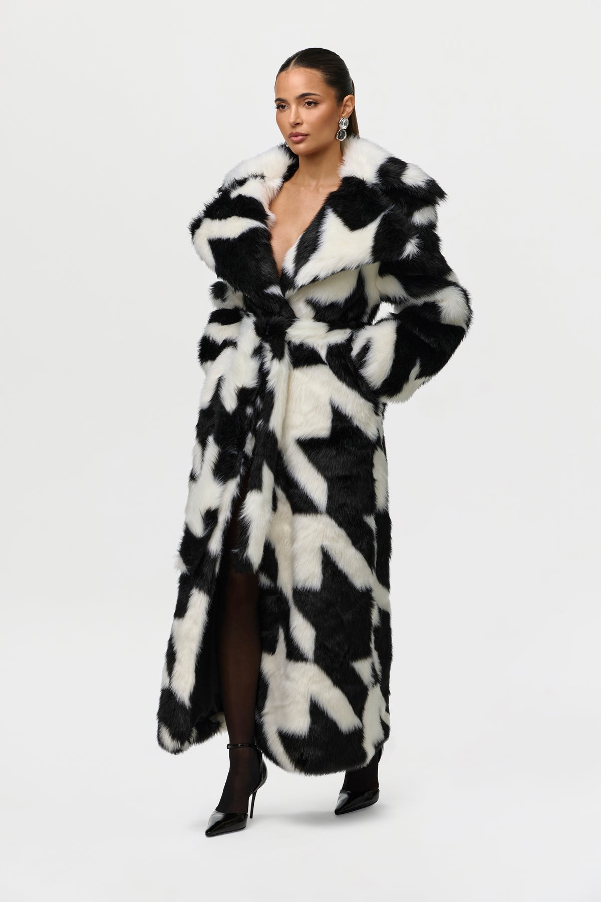 Jacquard Print Faux Fur Coat