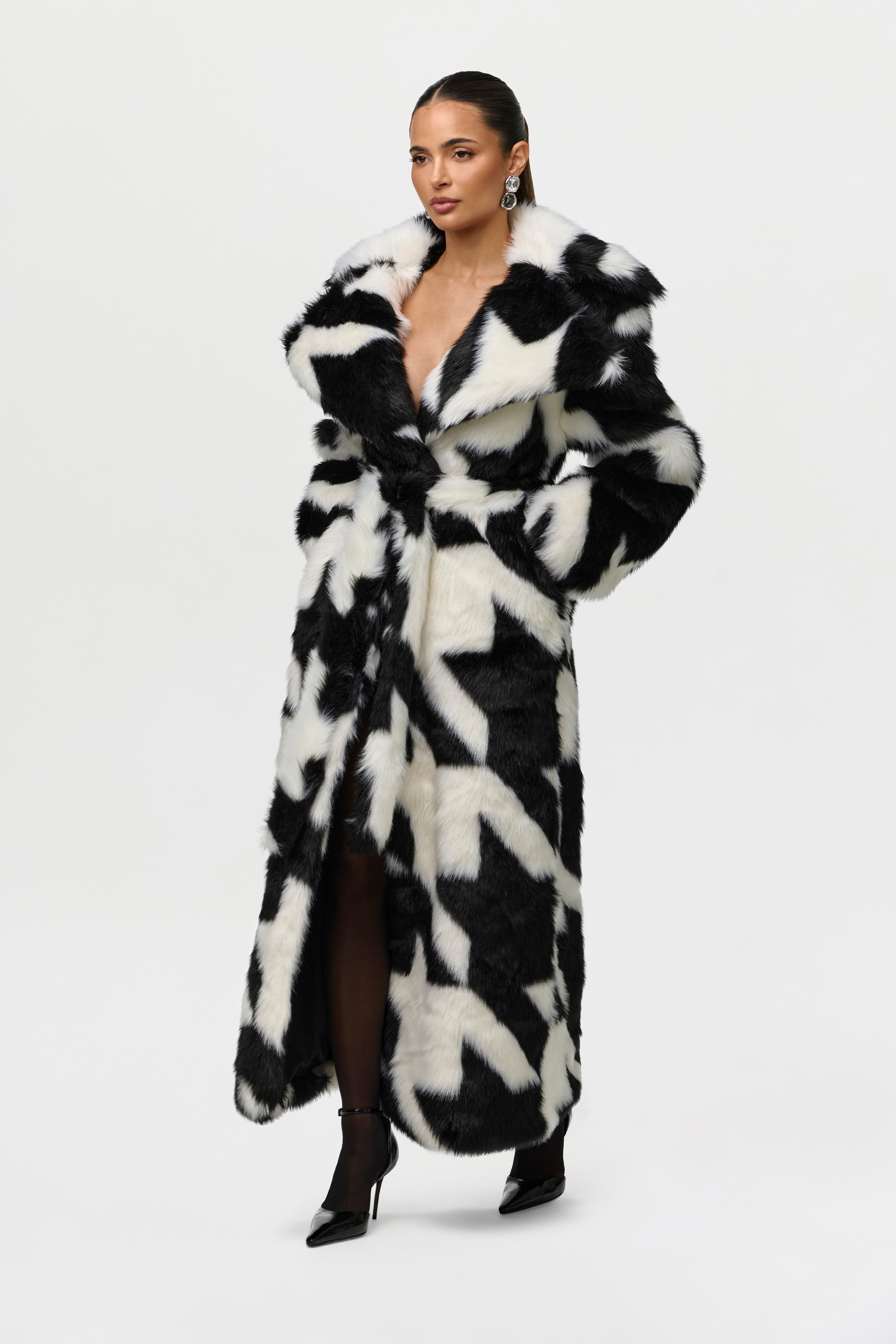 Jacquard Print Faux Fur Coat
